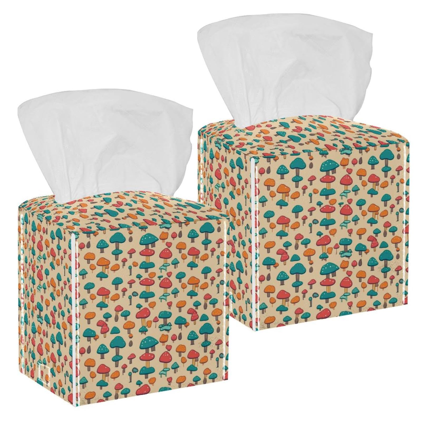 Mini Mushroom Tissue Box Cover, 2 Pack PU Leather Square Facial Tissue Dispenser Box holder for Home Office Car