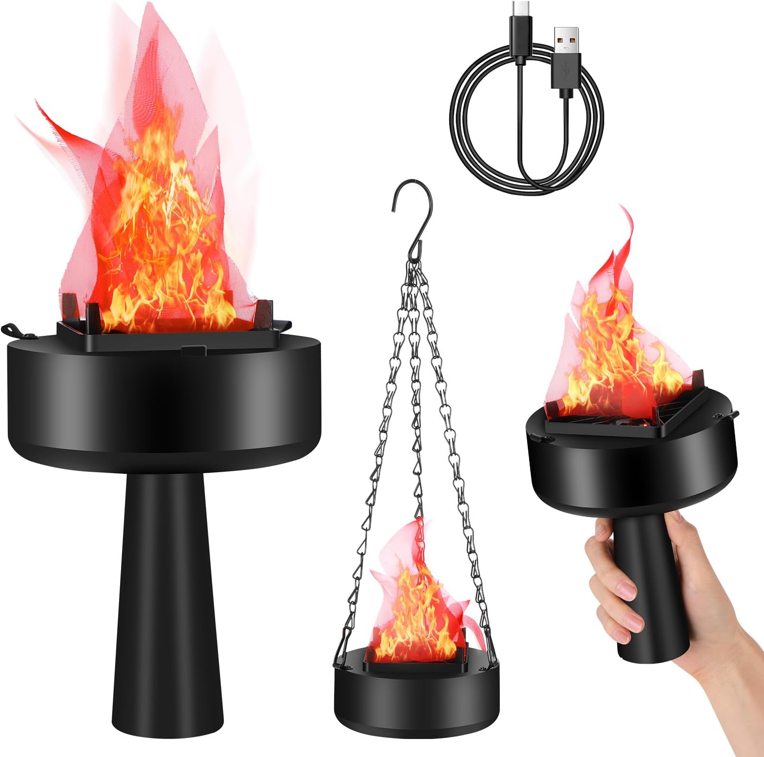 3D LED Fake Fire Flames Effect Light USB Rechargeable Electric Fake Campfire Lamp Artificial Flickering Flame Effect Garden Light Halloween Christmas Party Decorations Holiday Supplies (short flame)