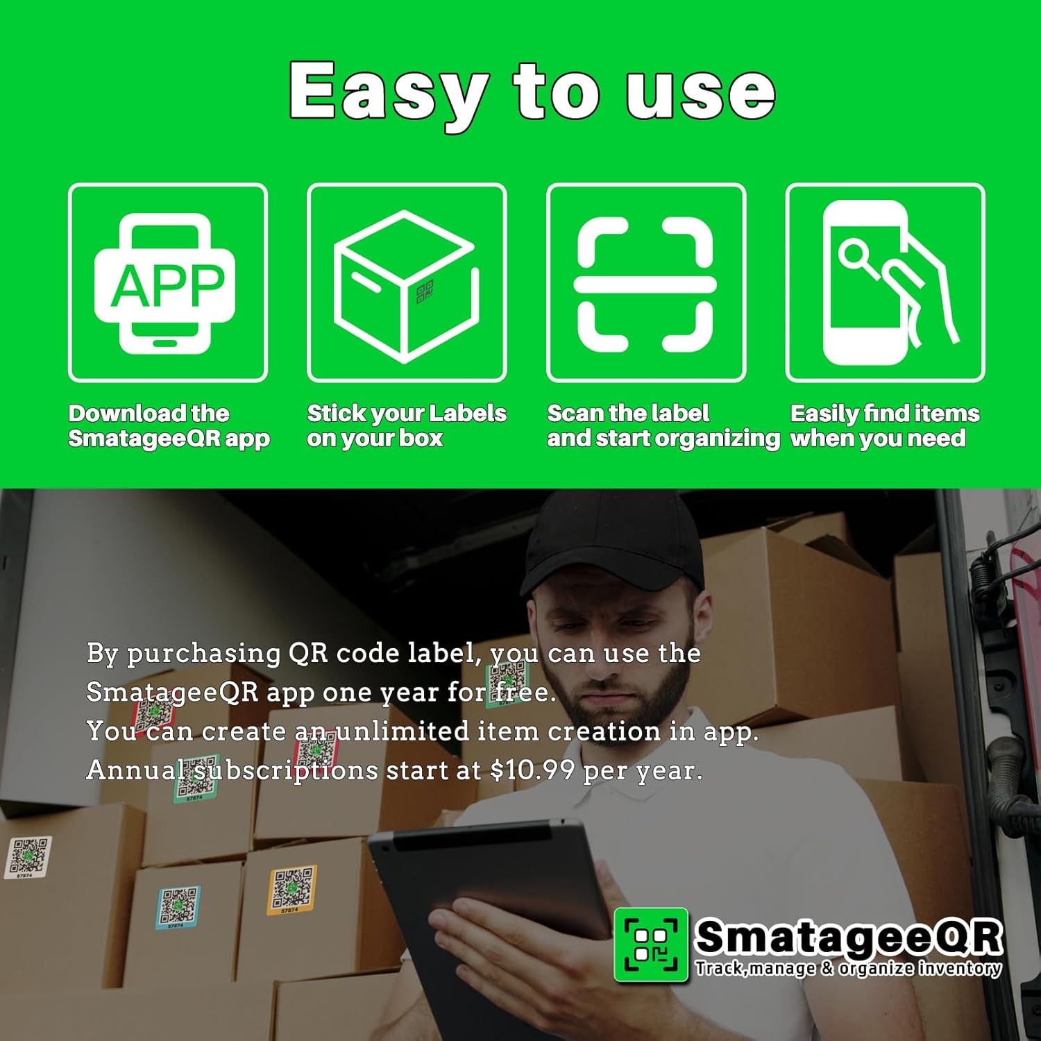 Smatagee QR Code Labels for Storage Bins,Office Organization,Moving Containers,Inventory Organizer | Pack and Track on iOS,Android App| 60 Unique Color Coded Stickers(2.6"x2.6") - Image 6