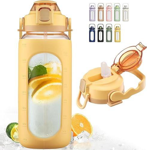 Miniatura 8 de BLUEGO Botella de agua de vidrio de 64 onzas, botella de agua motivacional con marcador de tiempo y pajilla, botella de agua de boca ancha de medio