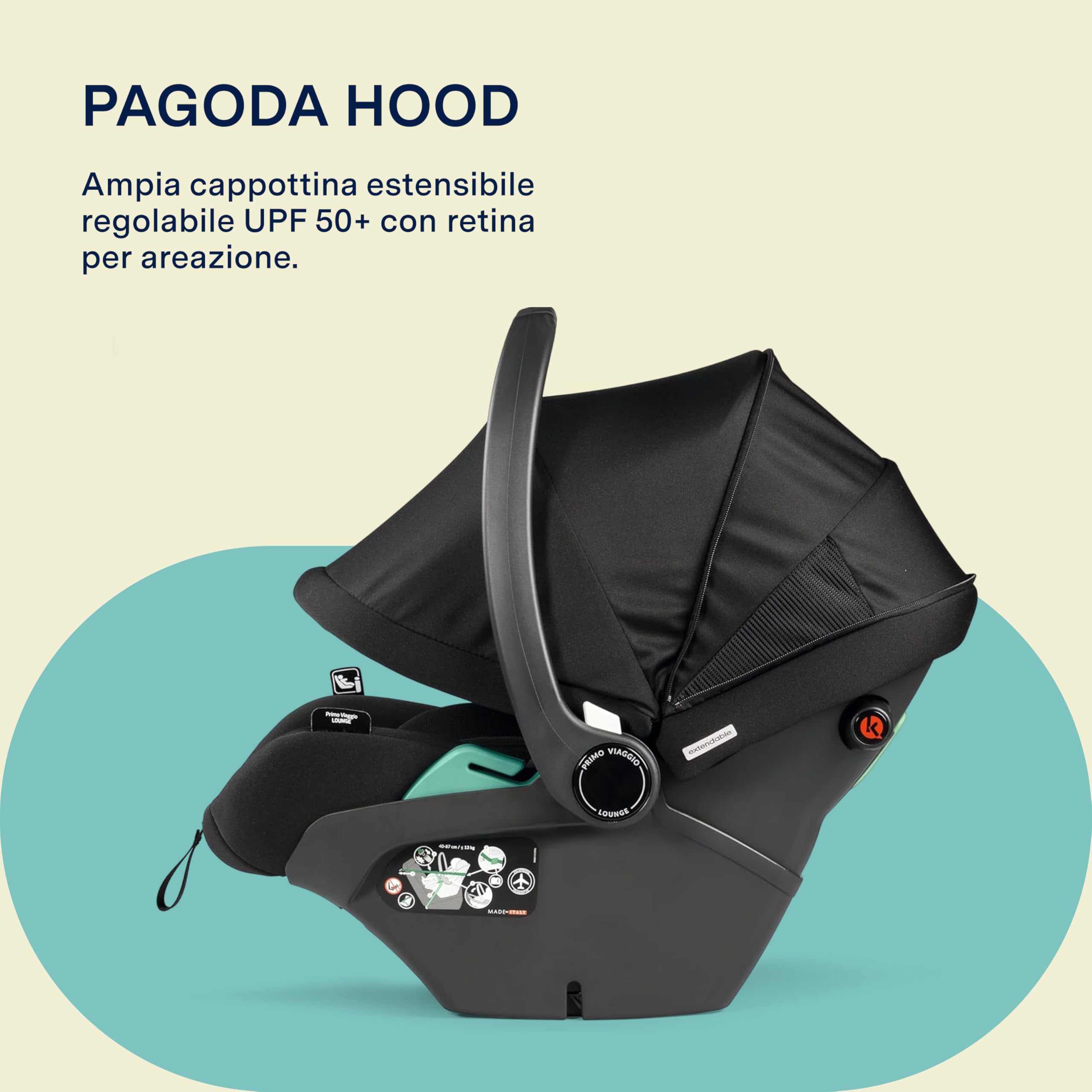 PEG Primo Viaggio Lounge - Seggiolino Auto Neonato Reclinabile ISOFIX (40-87 cm), 0-15 mesi, 0-13 kg, Capottina UPF 50+, Seduta Imbottita, Protezioni Laterali, Compatibile con Passeggini, Onyx