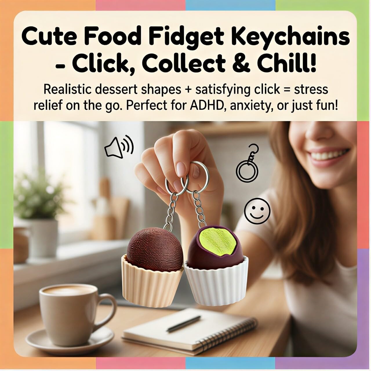 2Pcs Cute Dessert & Chocolate Shaped Fidget Keychain Clicker Toy - Portable Clicky Fidget for Stress Relief, ADHD, Anxiety, Realistic Food Design, Decompression Clicker Toys (Black B) image 4