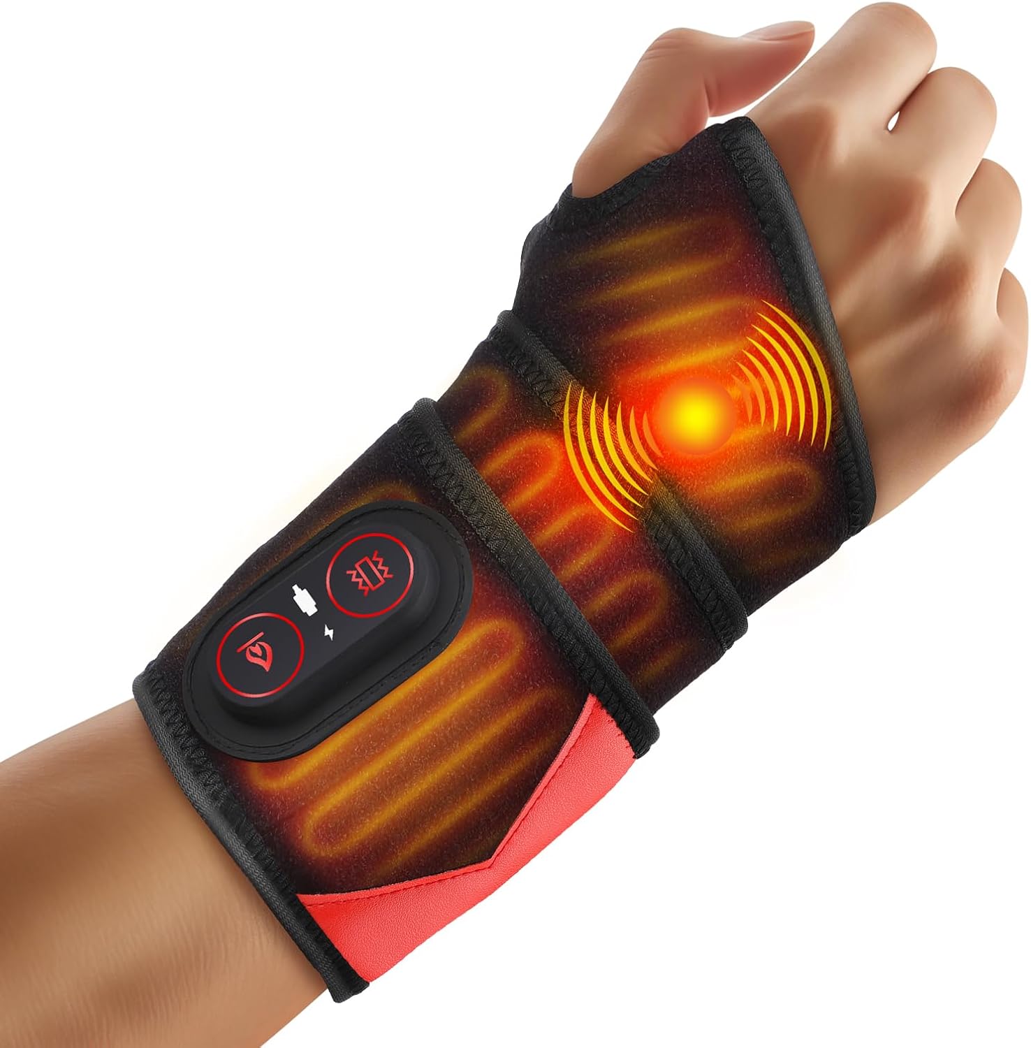 Cordless Wrist Massager for Carpal Tunnel Relief, Hand Massager with Heat, Heated Wrist Massager, Wrist Heating Pad for Pain Relief, Heated Wrist Wrap for Pain, With Red Light, 3 Heat & 3 Massage Modes, Black