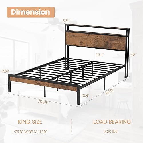 Miniatura 2 de Flolinda Base de cama tamaño King con cabecero, marco de cama de metal King con luces LED y estación de carga, con 11 patas de cama sólidas, no
