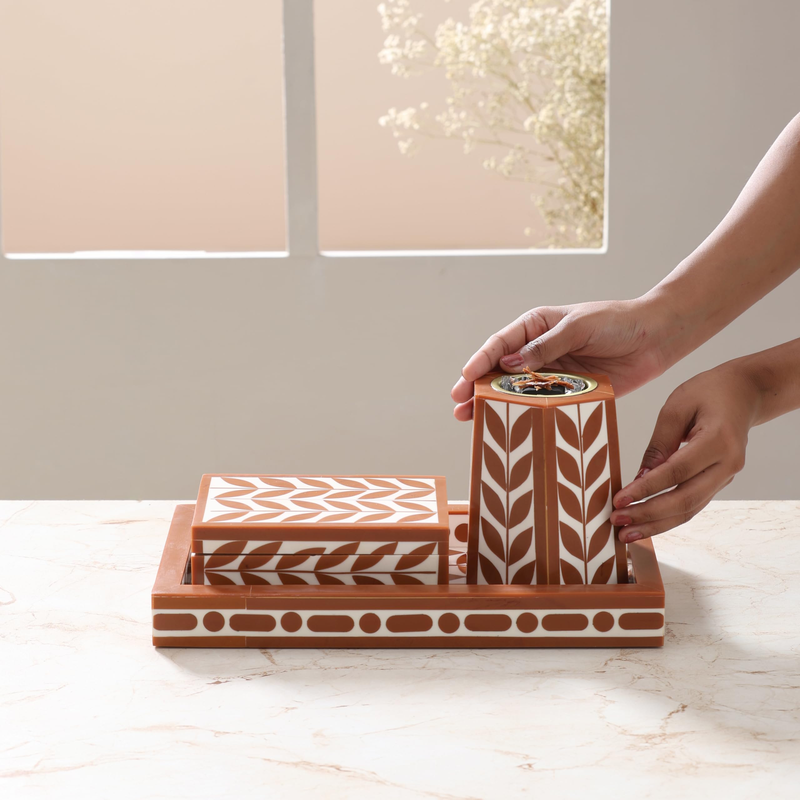 Ritualistic Bakhoor Set Perfect for Home fragrances | Stylish Home décor | Traditional dhoop Dhani | Puja Essentials | Arabic Incense Holder with Storage and Multipurpose Tray | Brown