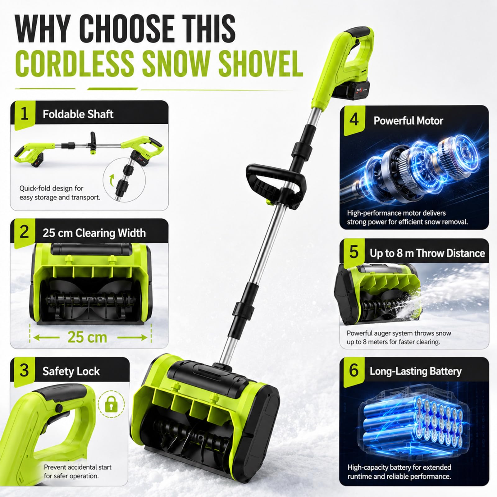 Łopata do Śniegu Brushless, 21 V, 25 cm, Zasięg Wyrzutu 8 m, ±30° | Odśnieżaj bez Kabla dzięki 2 Akumulatorom 3,0 Ah, Wyrzutowi aż do 8 m i Regulacji Kierunku na Podjazdach, Tarasach i Schodach