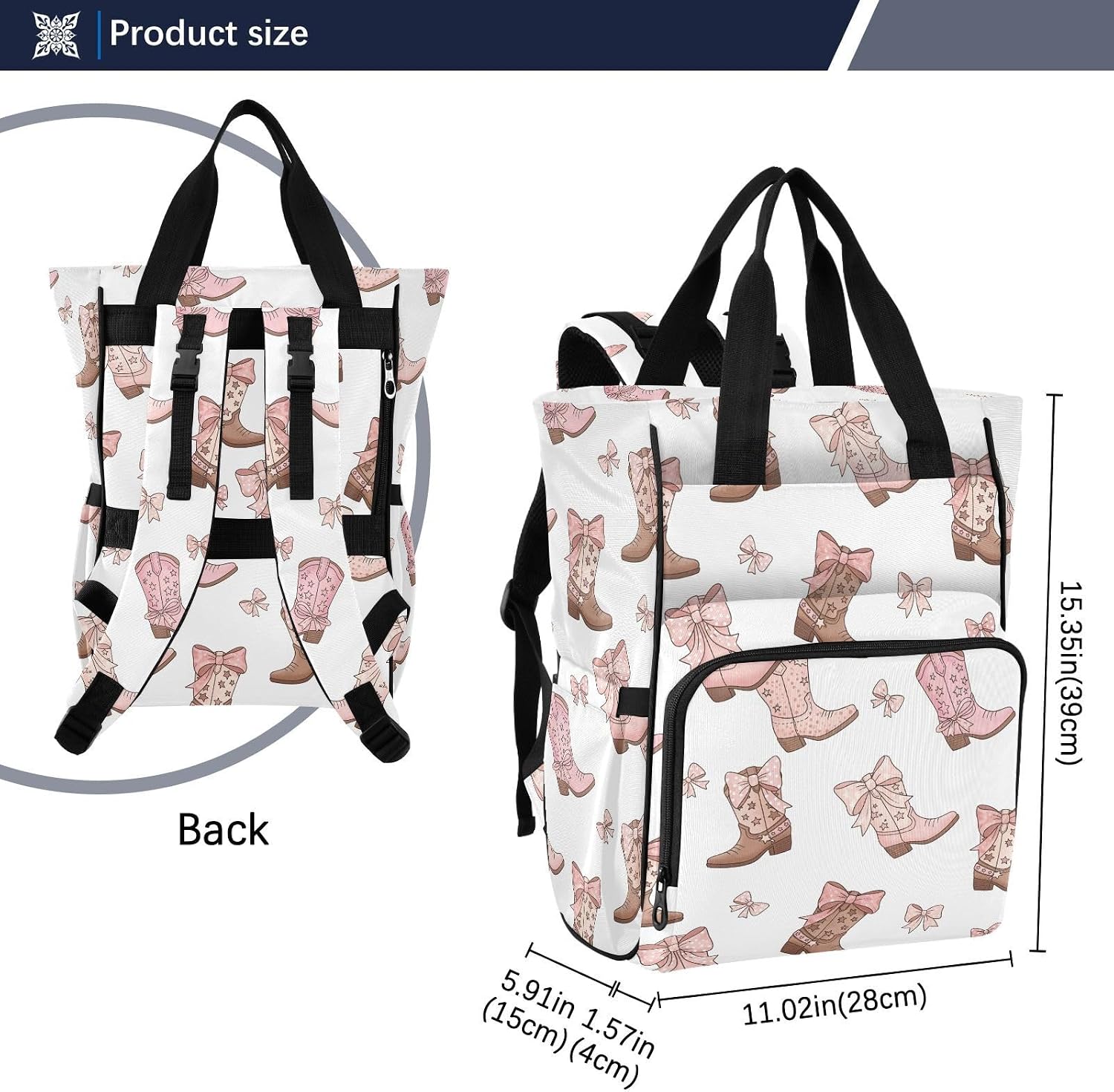 Emelivor Western Cowgirl Boots Diaper Bag Backpack Insulated Pockets Organizer Bag Diaper Backpack for Boy Girl Travel Shopping Mom Dad