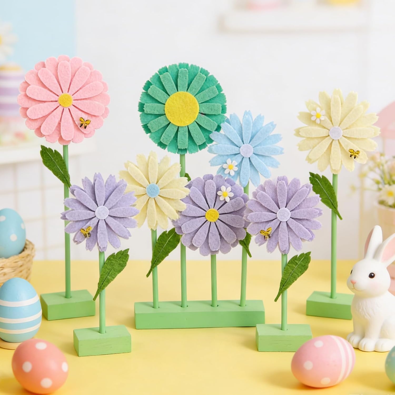 SUNBEAUTY 8PCS Daisy Party Decorations Felt Flowers Daisy Centerpieces for Tables Spring Flower Tables Decor Pastel Flower Table Decorations for Girl Birthday Baby Shower Spring Garden Home Decor