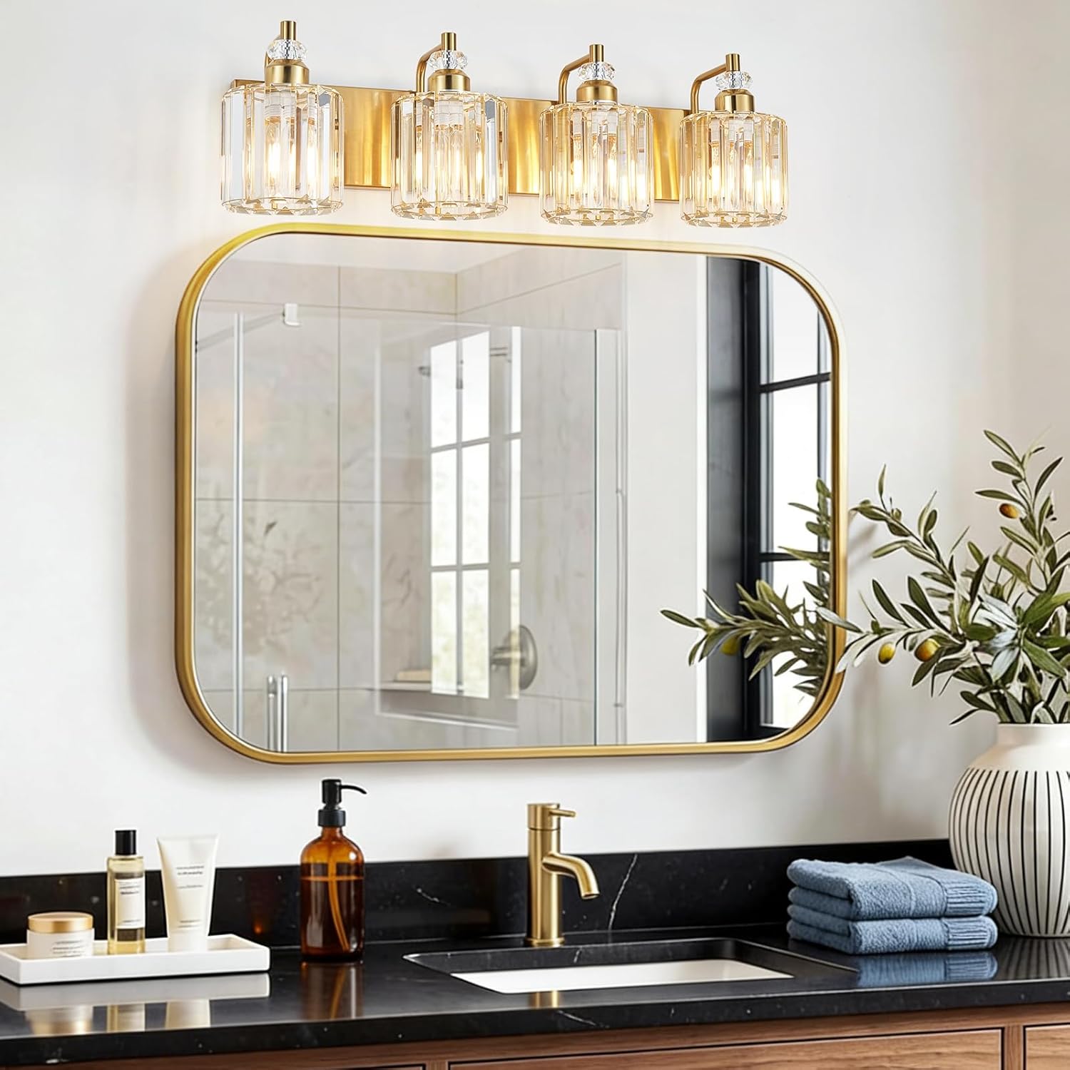 4-Light Brushed Brass Bathroom Light Fixtures Modern Vanity Lights Over Mirror Gold Bathroom Vanity Lighting with Crystal Shade E26 Base Wall Sconce for Bedroom Living Room Restroom Wall Lamp