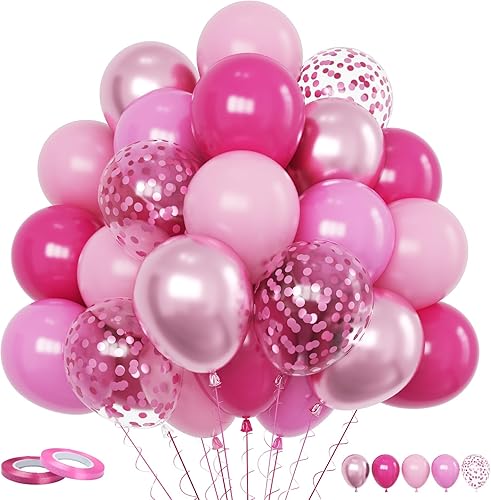 Funhot Juego de globos rosados, 60 globos de látex rosa intenso, globos de confeti rosa pastel de 12 pulgadas, globos metálicos para fiestas, helio