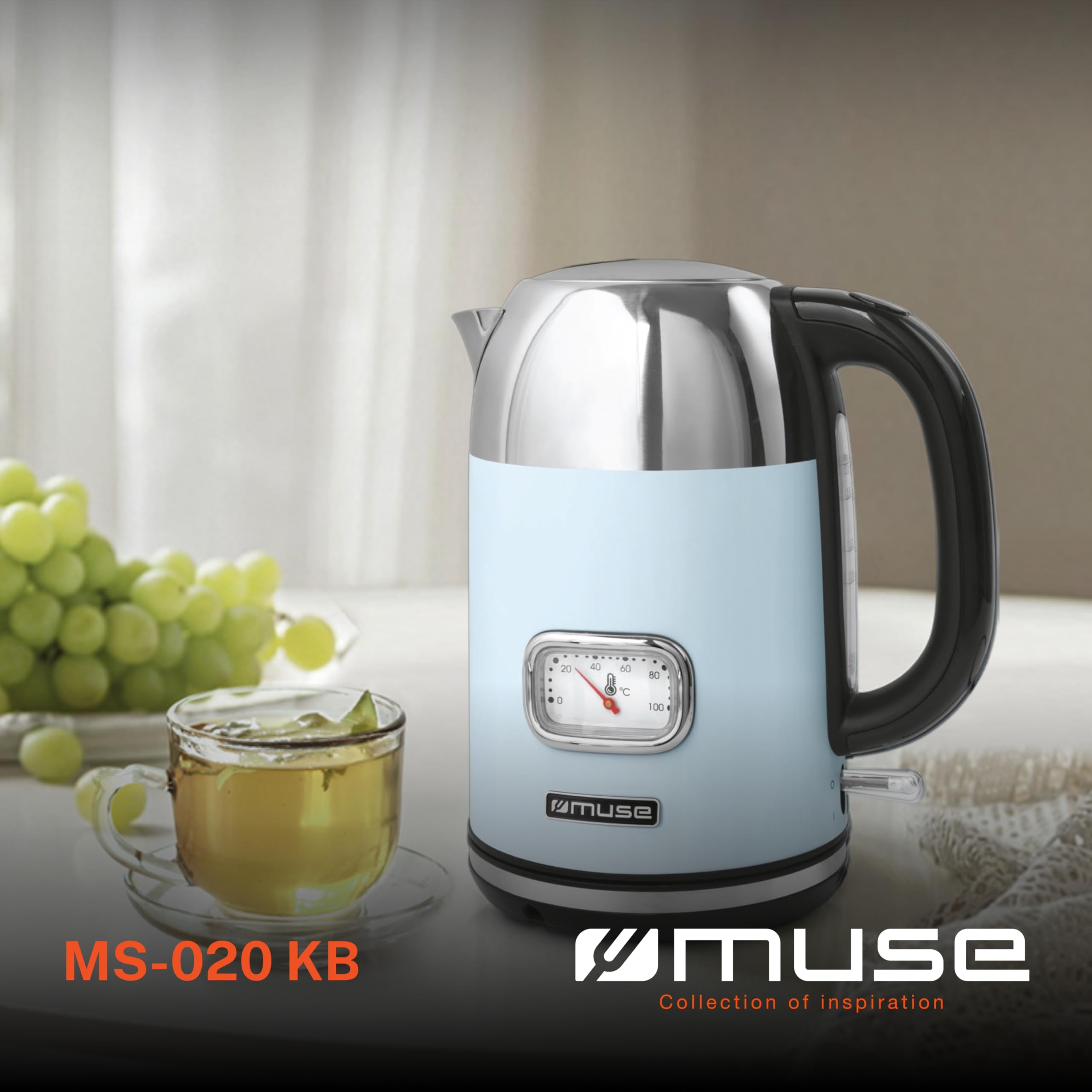 Muse Hervidor retro de acero inoxidable con pantalla analógica de temperatura, filtro lavable, escala transparente, capacidad de 1,7 l, apagado automático, azul pastel