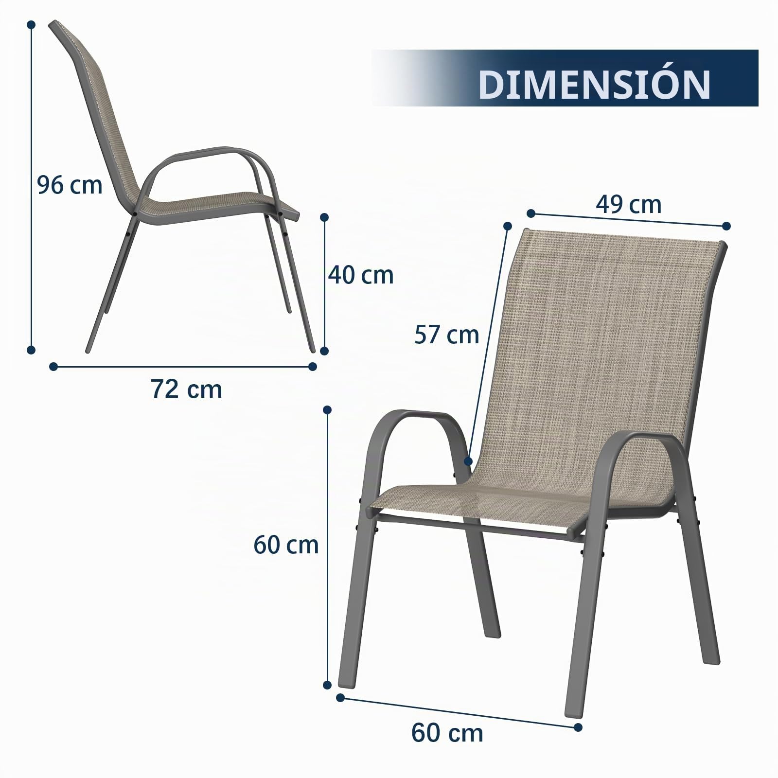 Amopatio Sillas Apilables de Exterior Set 4, Sillas Terraza Metal y Textilene con Brazos y Respaldo Alto, Impermeable, Anticorrosión, Carga 150kg, 72x60x96 cm, Marrón