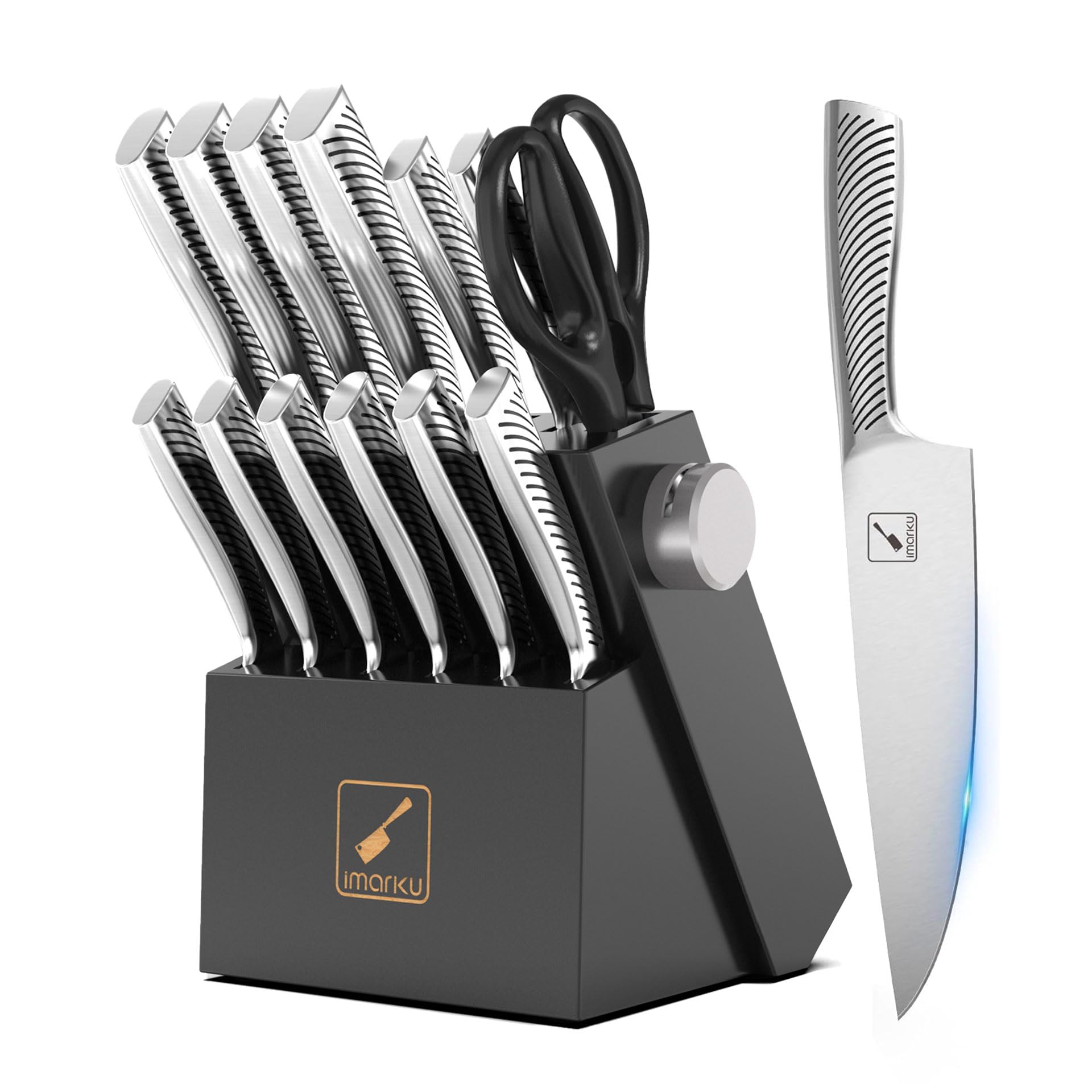 imarku Knife Block Set, 14Pcs High Carbon Stainless Steel Knife Set with Block, Kitchen Knife Set Black, Dishwasher Safe, Build-in Sharpener