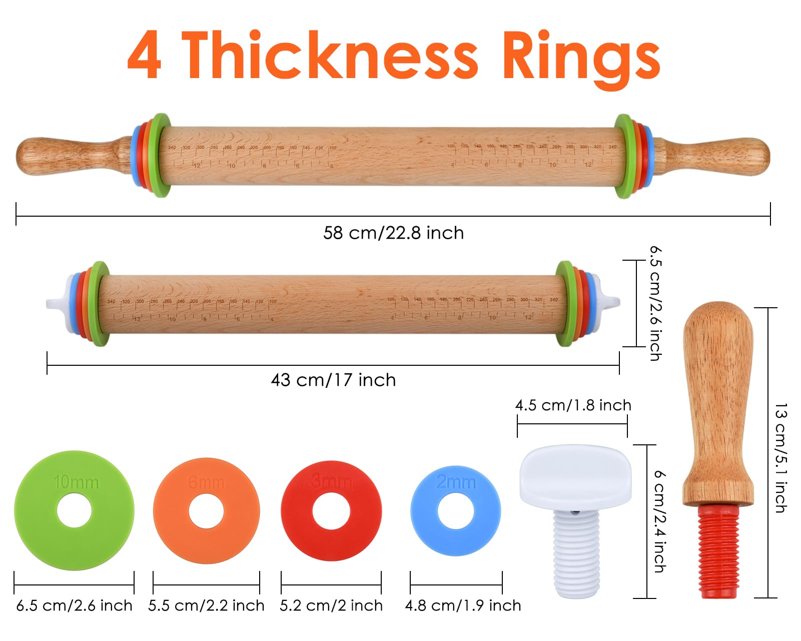 Nudelholz mit 4 einstellbaren Dickenringen 13,6 Zoll Holz Teigroller für Küche, Backen, Teig, Kekse, Kuchen, Fondant, Pizza und Kuchenkruste