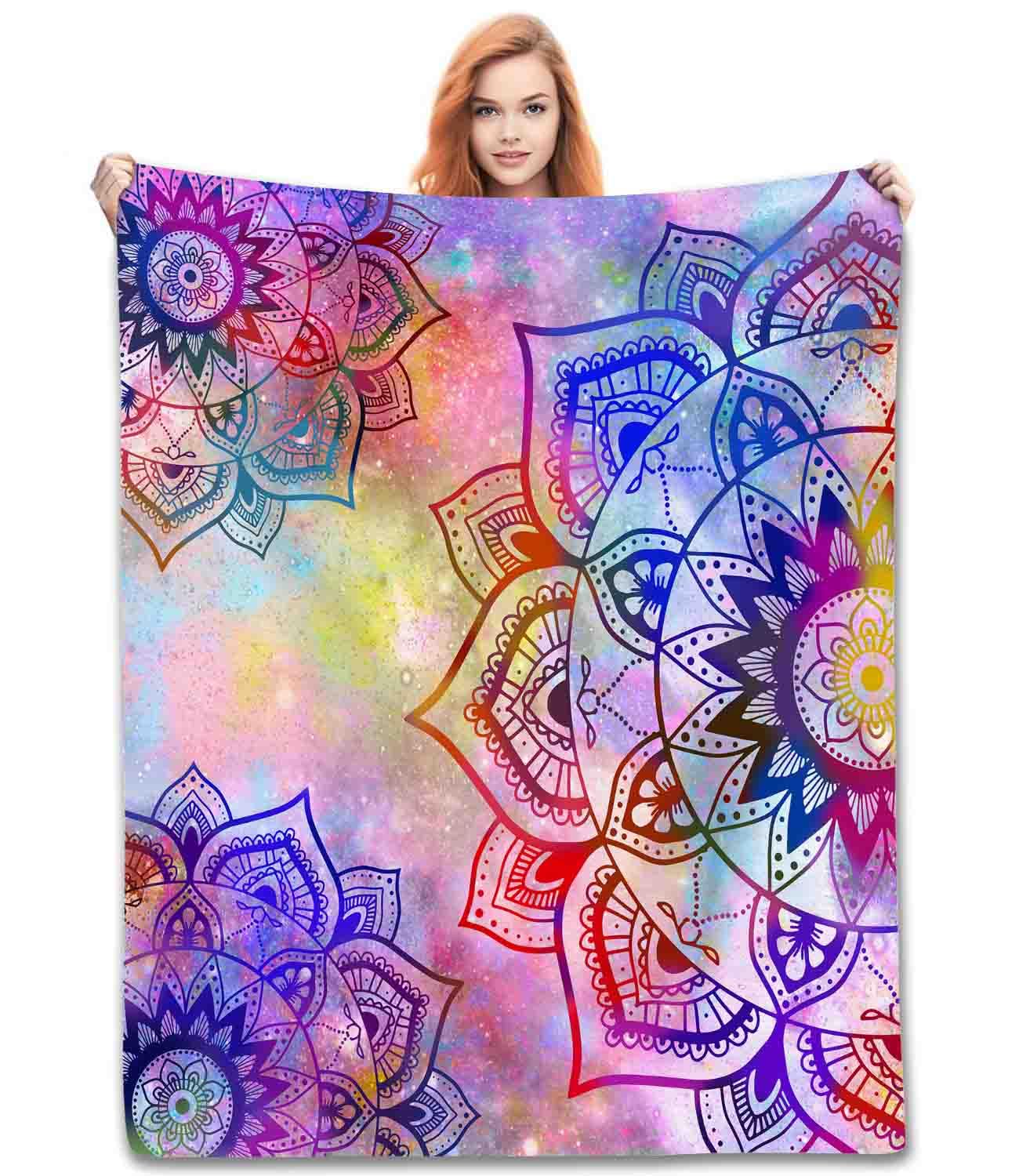 TKUYO Mandala Throw Blanket, Boho Colorful Purple Galaxy Space Indian Hippie Medallion Trippy Aesthetic Fleece Fuzzy Fannel Blankets for Sofa Bed Chair Couch Bedroon Living Room Gifts, 30"x40" Inch