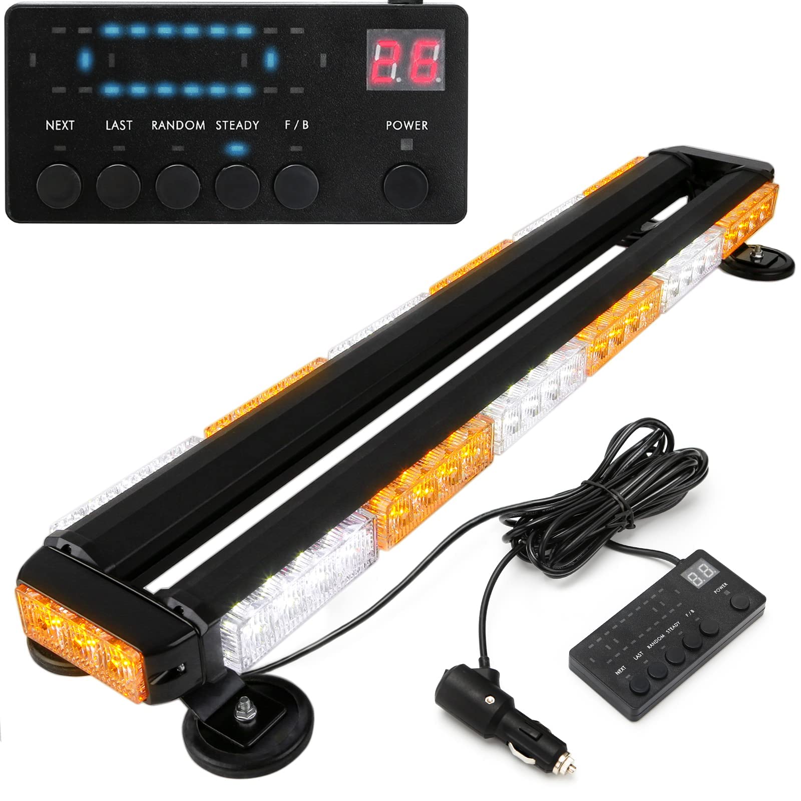 BooYu28.5" 54LED Rooftop Emergency Strobe Lights Safety Traffic Advisor Warning Hazard Flashing Light bar w/ Digital Display Controller for Pickup Safety Construction Vehicles Tow Truck (Amber/White)