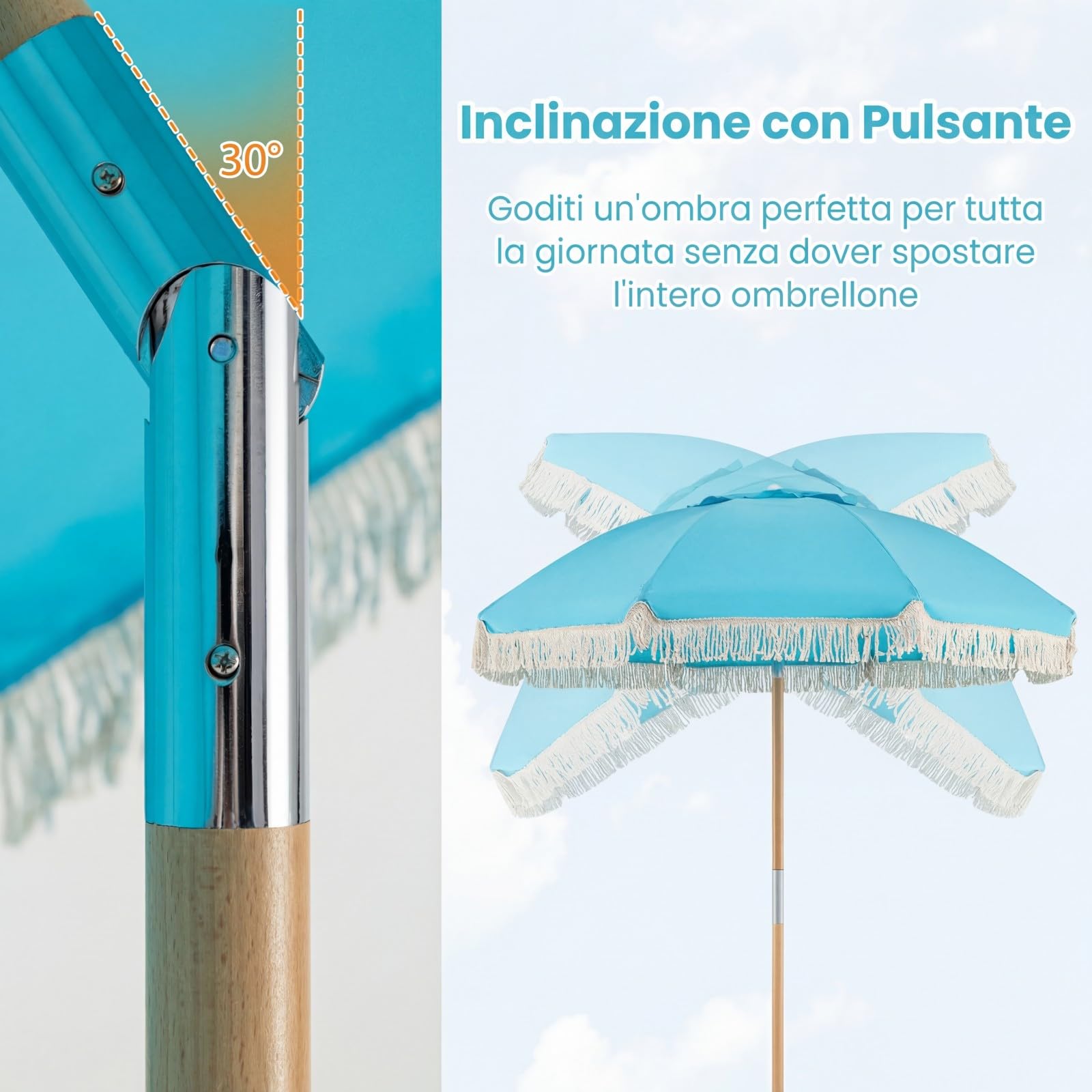 COSTWAY Ombrellone da Spiaggia 180 cm, Inclinabile Regolabile 30°, Palo in Legno, 8 Stecche in Fibra di Vetro, Ombrellone per Giardino, Piscina, Terrazza (Blu)