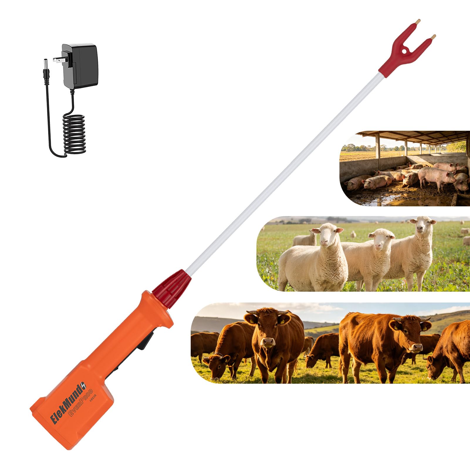 Prod à bétail étanche pour bovins, porcs, chèvres, moutons pour grands chiens, prod d'animaux électrique rechargeable, longueur totale 85,1 cm (avec manche de 58,4 cm de long)