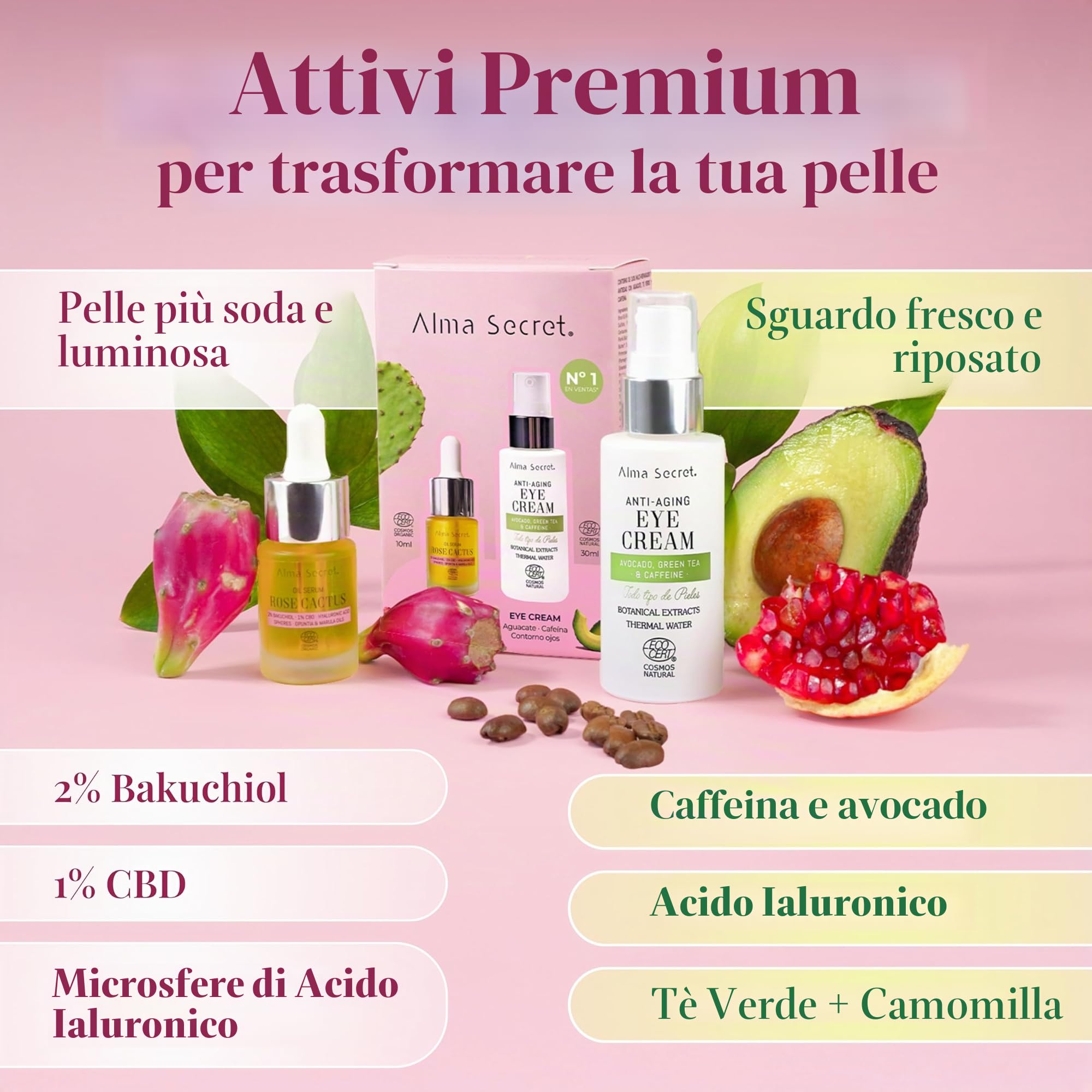 ALMA SECRET Ecocert Cosmos Natural, Duo anti-età: confezione per contorno occhi di avocado, tè verde e caffeina da 30 ml + siero viso Rose Cactus da 10 ml, crema per gli occhi e siero idratante