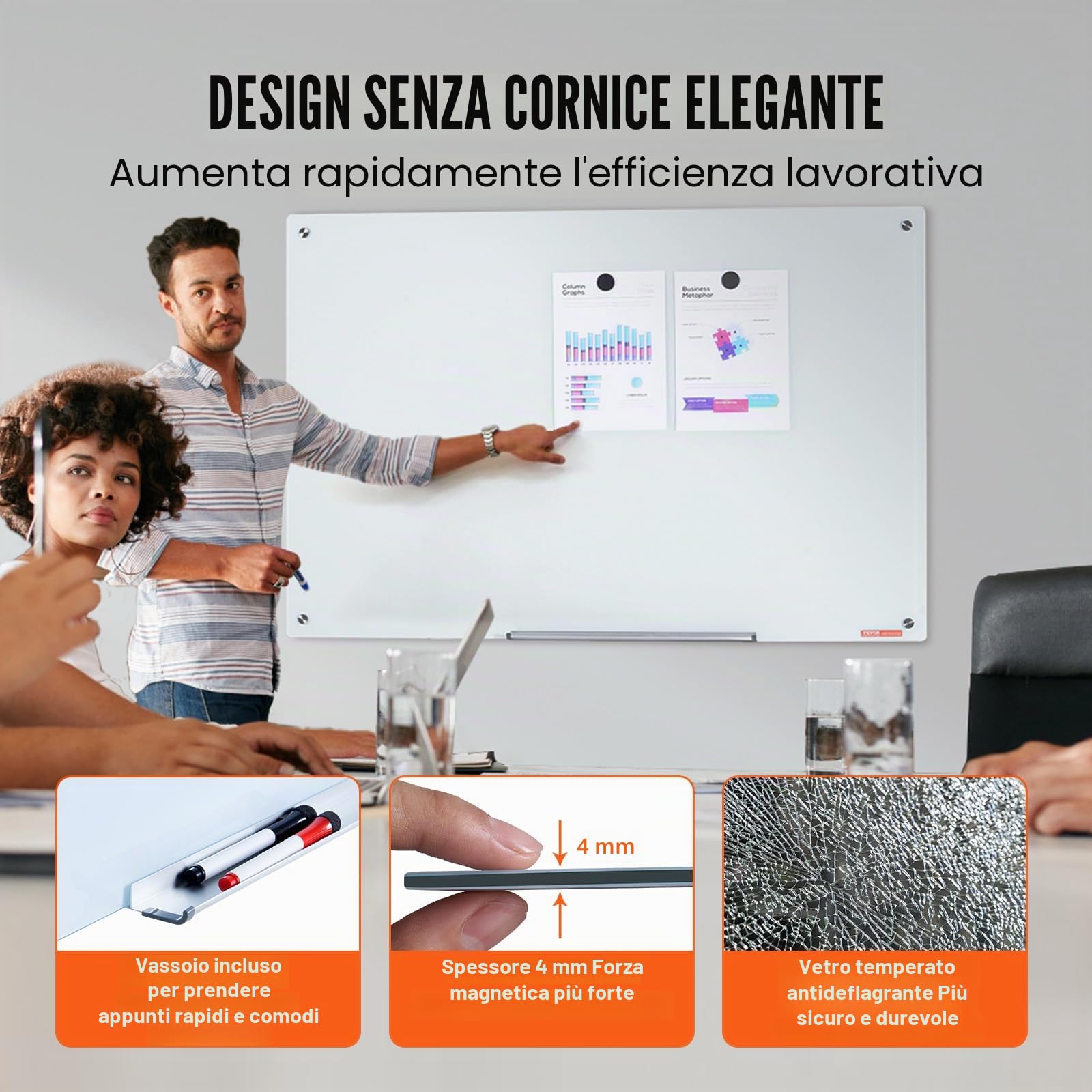 VEVOR Lavagna magnetica cancellabile a secco in vetro 120 x 80 cm, lavagna per promemoria da parete, con vassoio per pennarelli, gomma e 2 pennarelli, per ufficio scuola ristorante casa