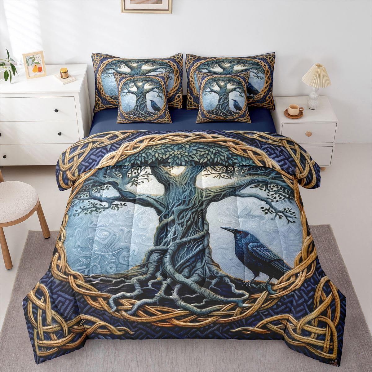 Erosebridal Viking Twin Comforter Set with Sheets 7 Piece Ancient Gothic Crow Bed in A Bag Exotic Tribal Nordic Bedding Sets for Women Men Nordic Tree of Life Bed Set