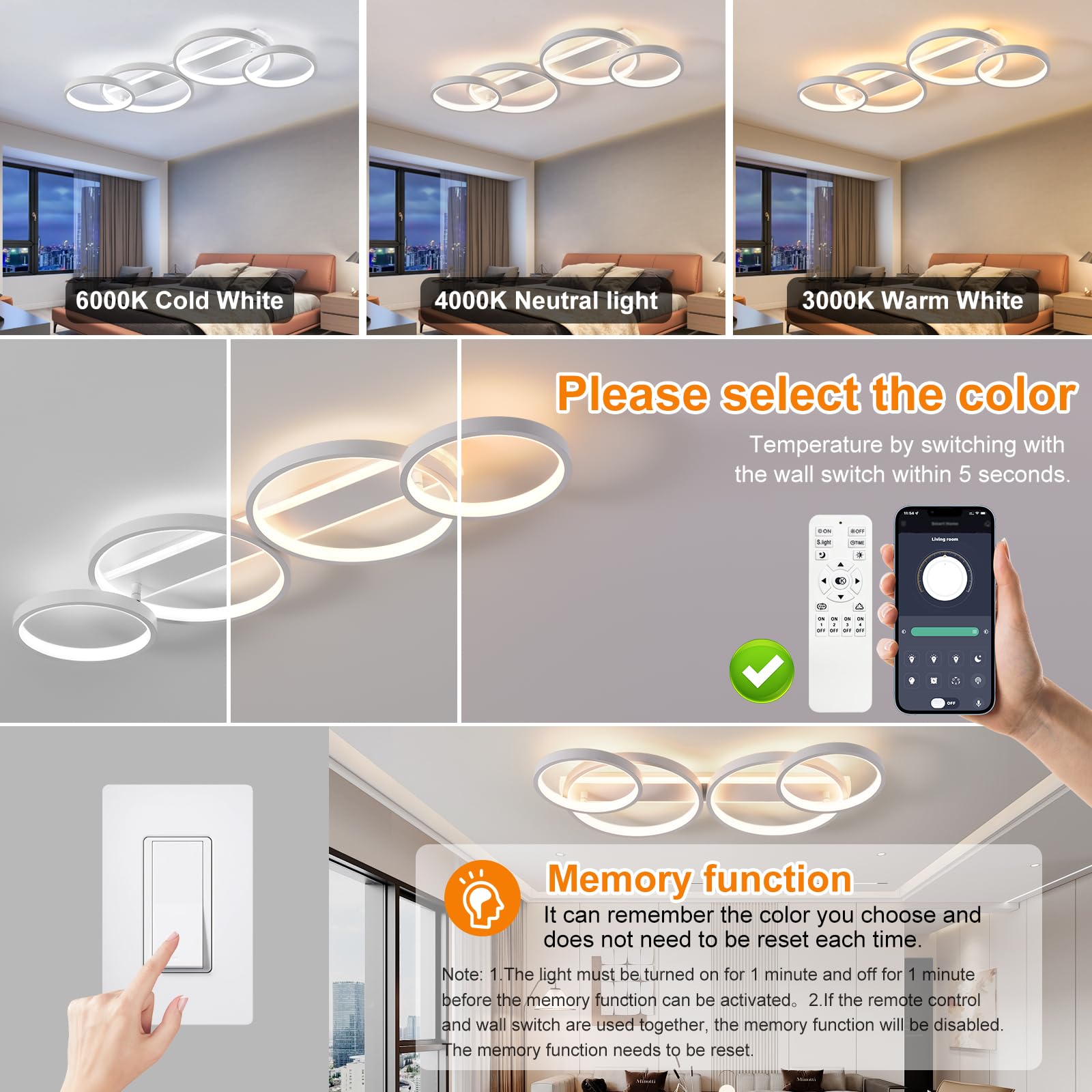 LED Deckenlampe,Dimmbar Deckenleuchte Mit Fernbedienung APP,Einstellbar Ringform Wohnzimmerlampe 4 Flammig Kronleuchter Lampe,48W 3000-6500K deckenbeleuchtung für Schlafzimmer Wohnzimmer,Weiß 86cm