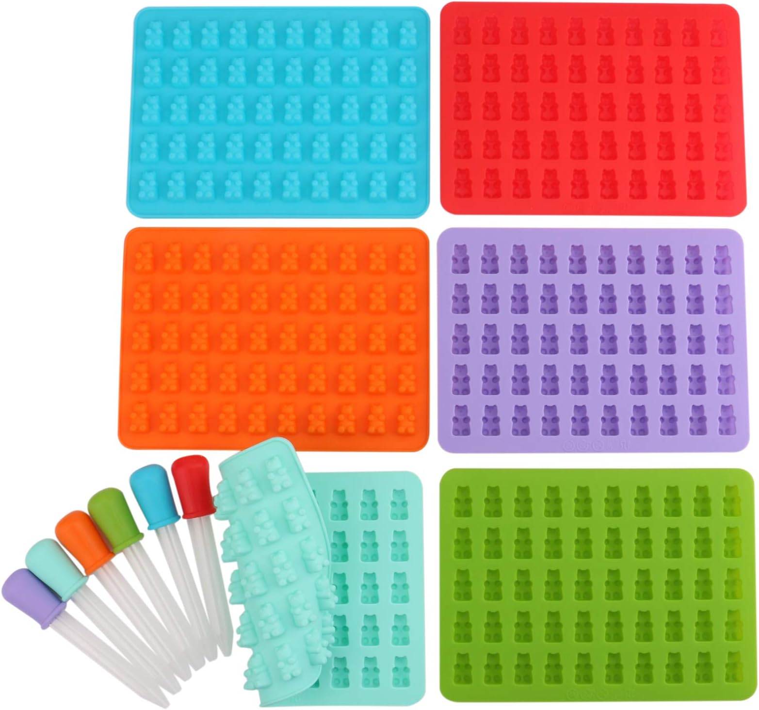 Lawei 6 Pack Gummy Bear Candy Molds - Silicone Chocolate Gummy Molds Ice Cube Trays - 300 Cavities and 6 Bonus Droppers