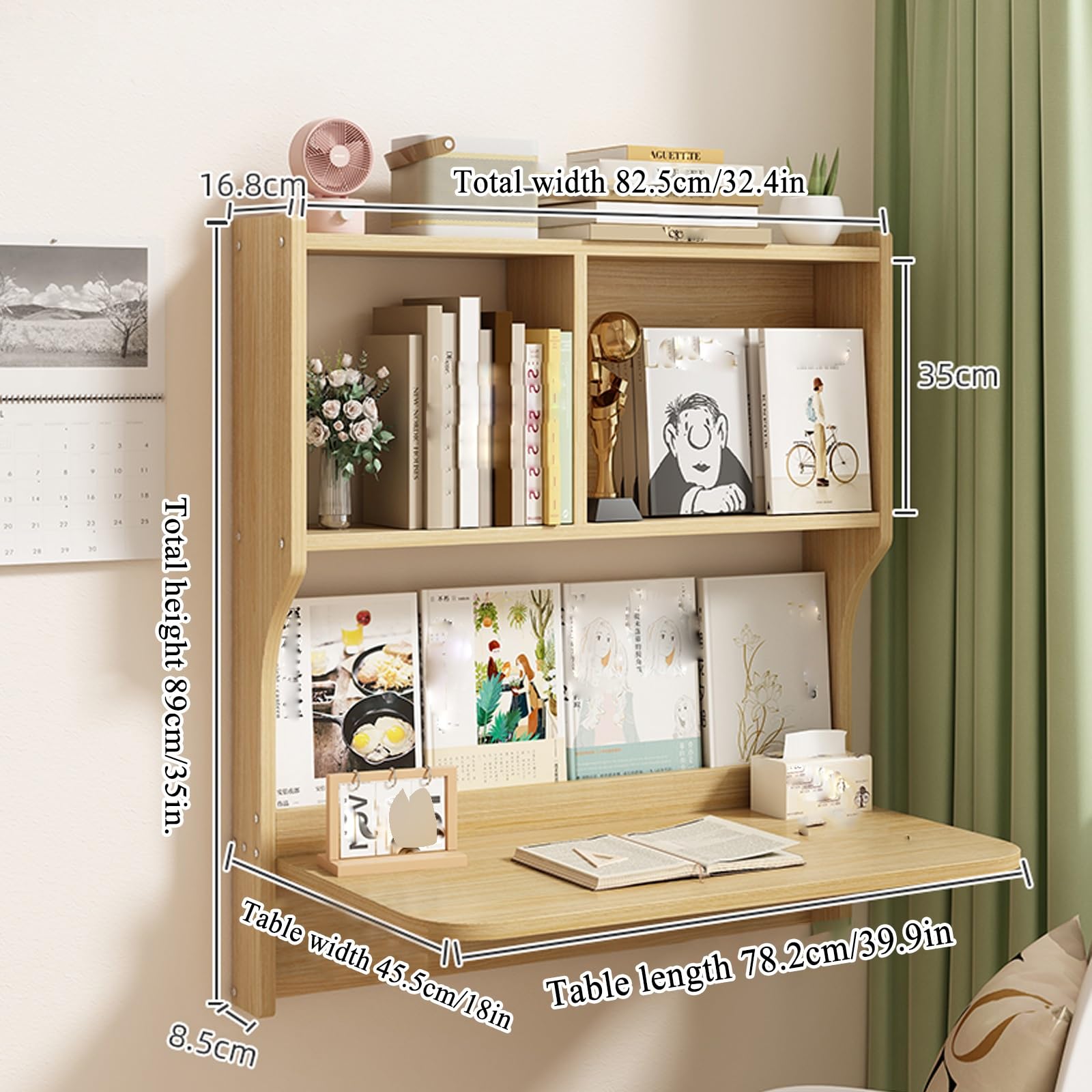 SEIFE Mesa de Pared Plegable de Madera，de Madera Mesa Ordenador Plegable de Pared，Estudio y Oficina Mesa pequeña Plegable，Almacenamiento Mesa montada en la Pared，Sala, balcón, Dormitorio(Wood)