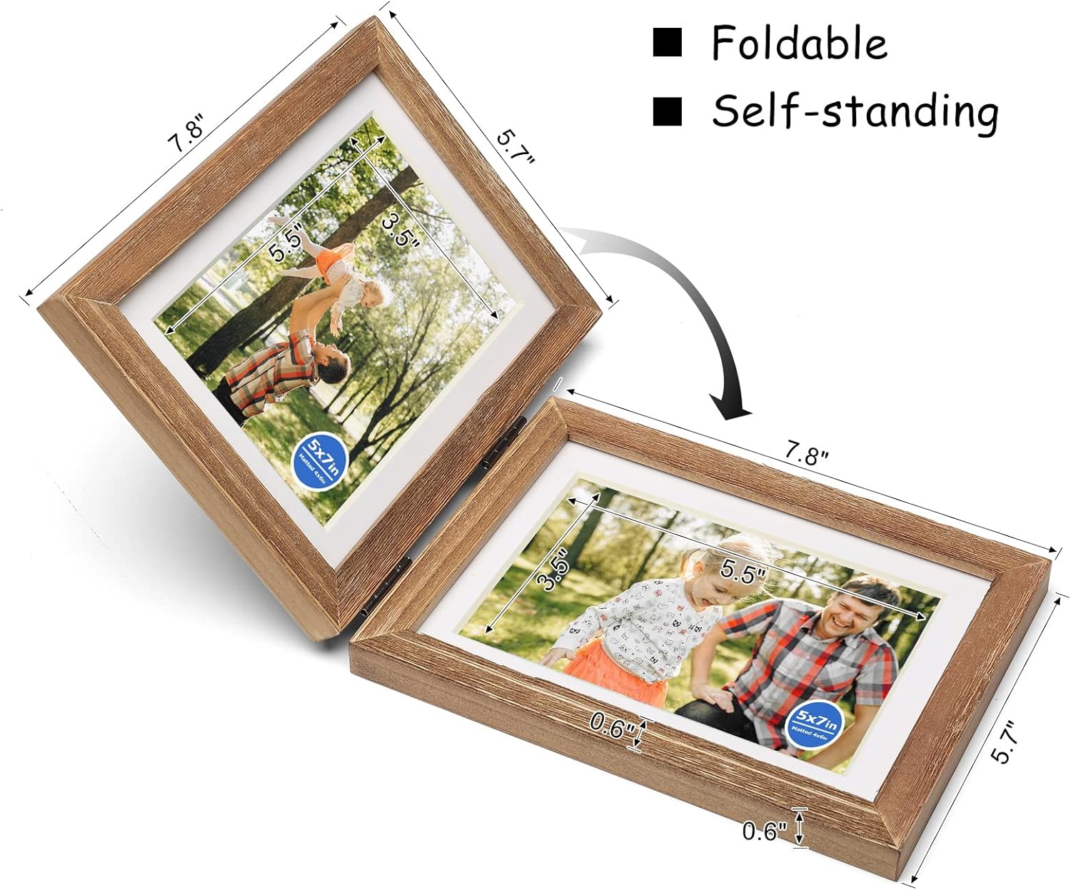 5X7 Double Wooden Hinged Picture Frame Vertical and Horizontal in Distressed Farmhouse Wood Grain, Display 4x6 with Mat or 5x7 without Mat, Folding Photo Frame with Real Glass Front for