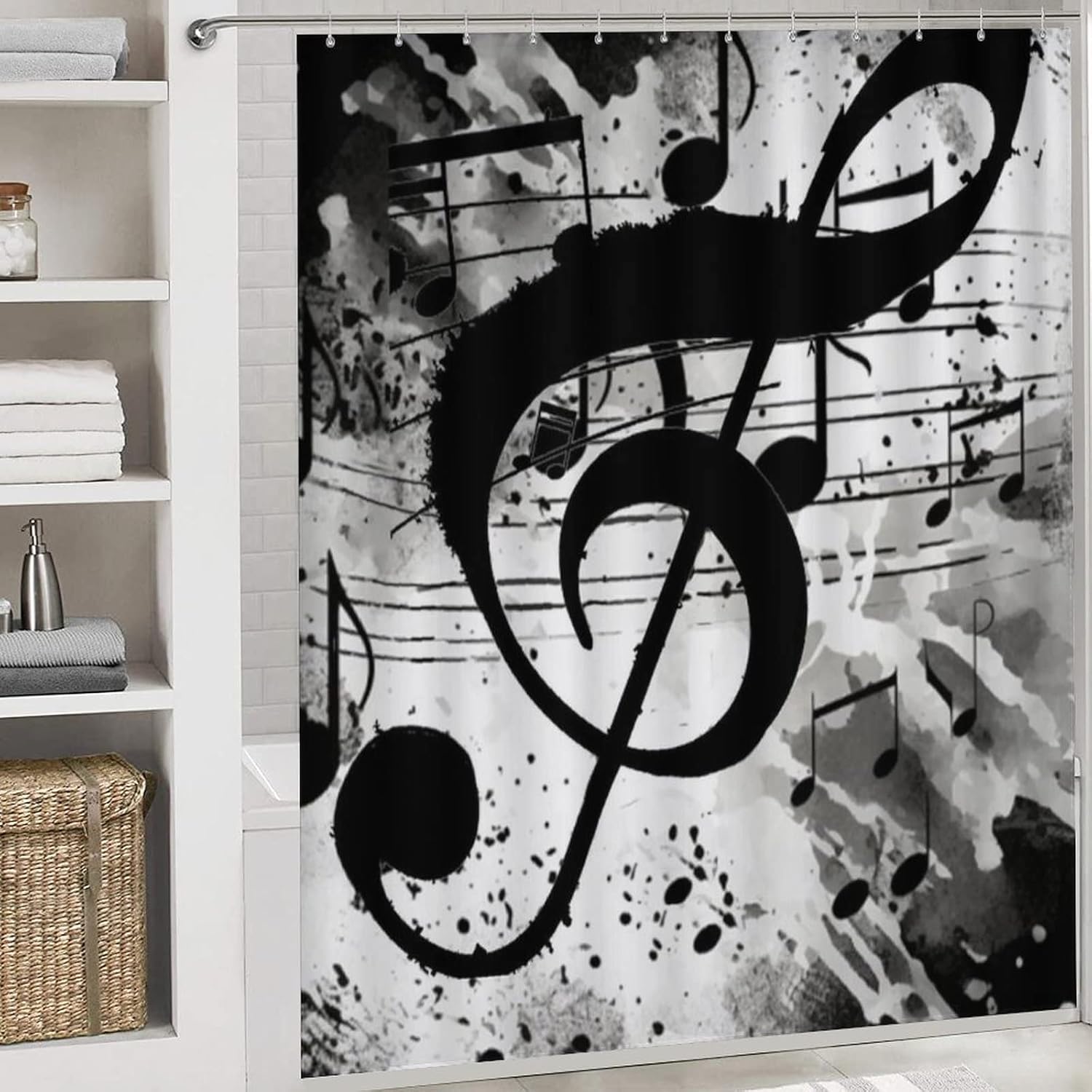 4 Pcs Bathroom Shower Curtain Set,Bathroom Sets with Rugs (Bath Mat,U Shape and Toilet Lid Cover Mat), Music Note Bathroom Decor Set