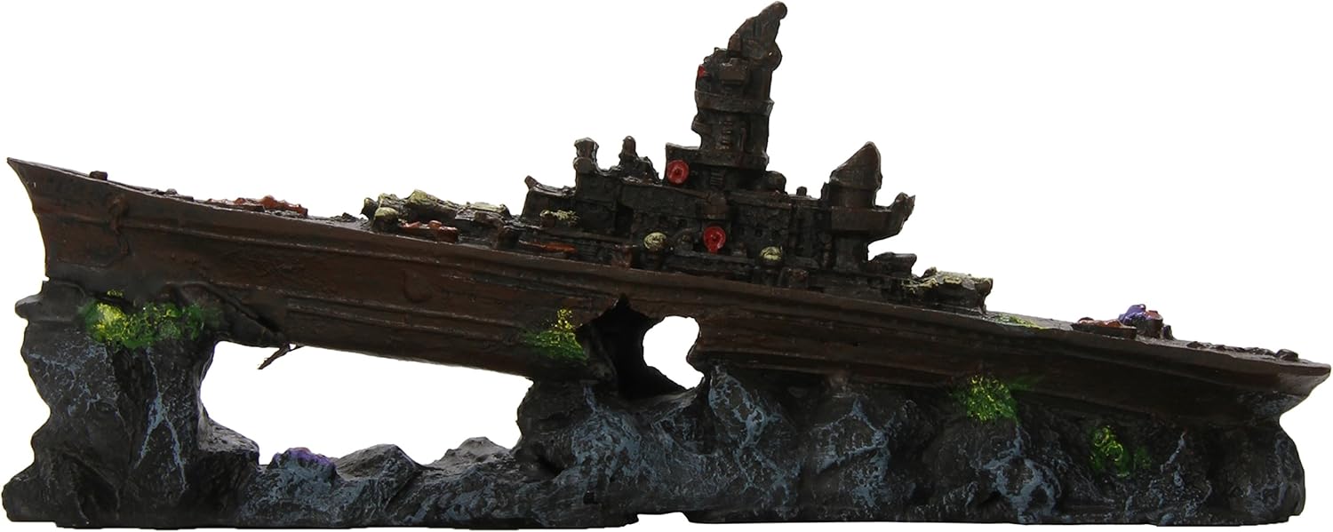 Penn-Plax Deco-Replicas Sunken Battleship Aquarium Decoration – Safe for Freshwater and Saltwater Fish Tanks – Small