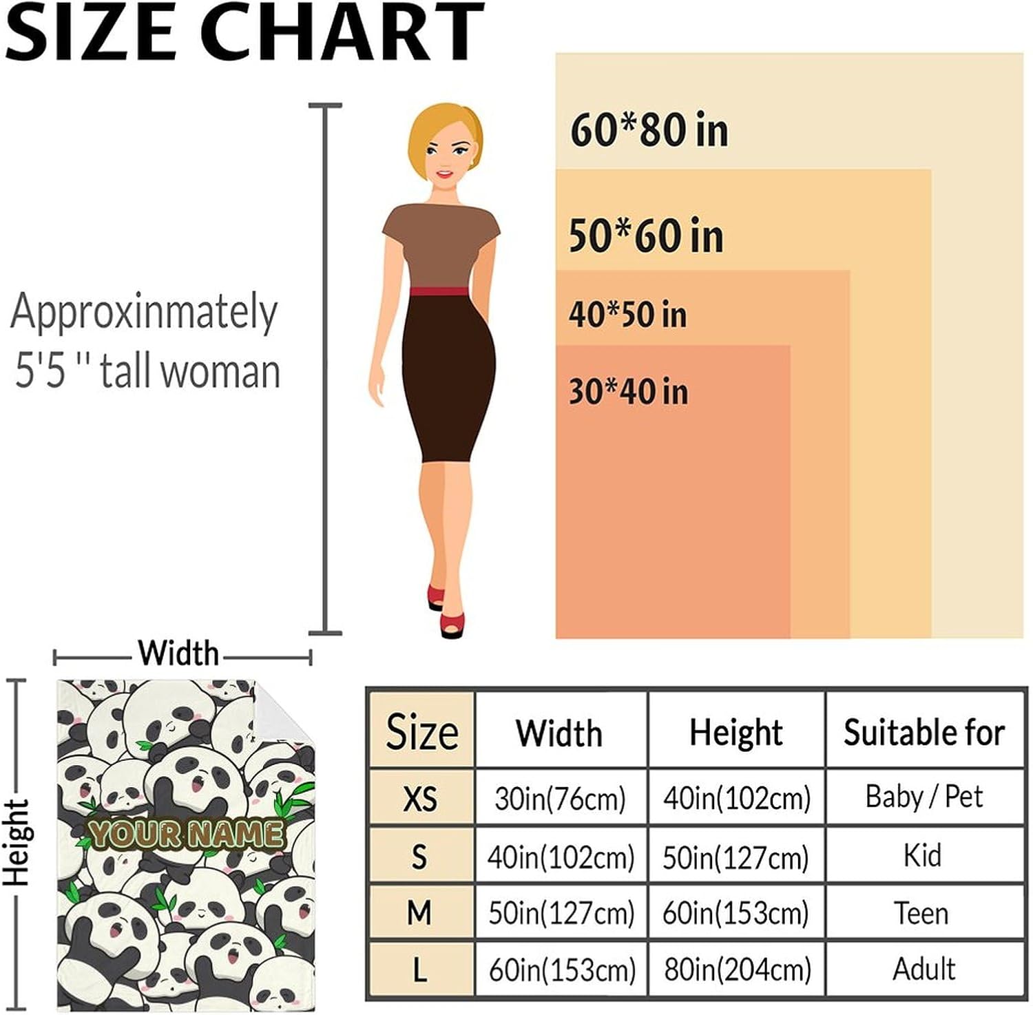 Custom Panda Blanket Gifts with Name- 60 x 80 Inches Cute Panda Lover Blankets for Women Girls - Colorful Soft Fuzzy Throw Blanket Stuff for Bed, Living Room