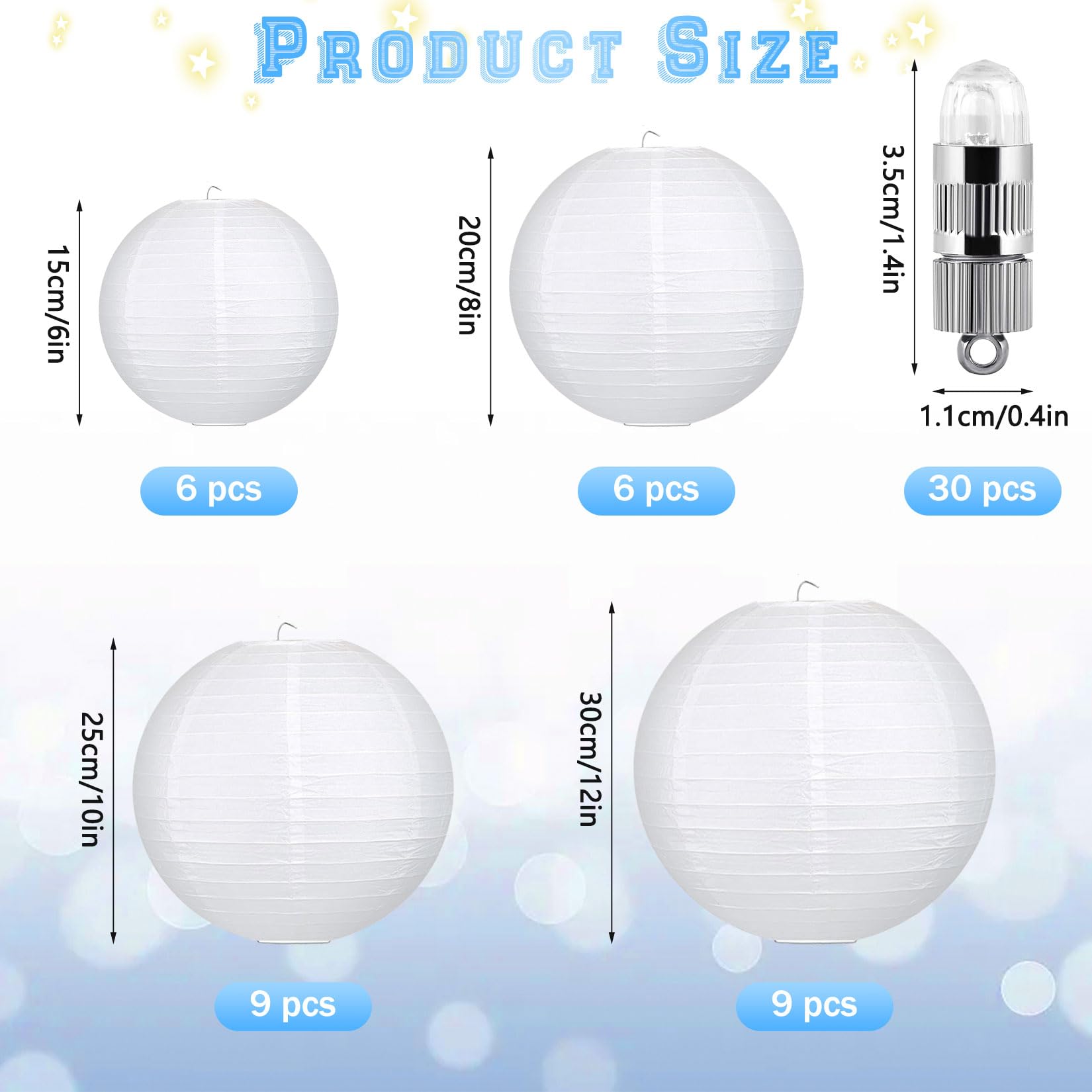 Herbst 30er Papierlaterne, Weiße Papier Laterne Hängende Runde Papierlampions mit 30 Warmweiße Mini LED Ballons Lichter Classic Gerippter Lampenschirm für Hochzeit Garten Deko (Ø 15cm/20cm/25cm/30cm)