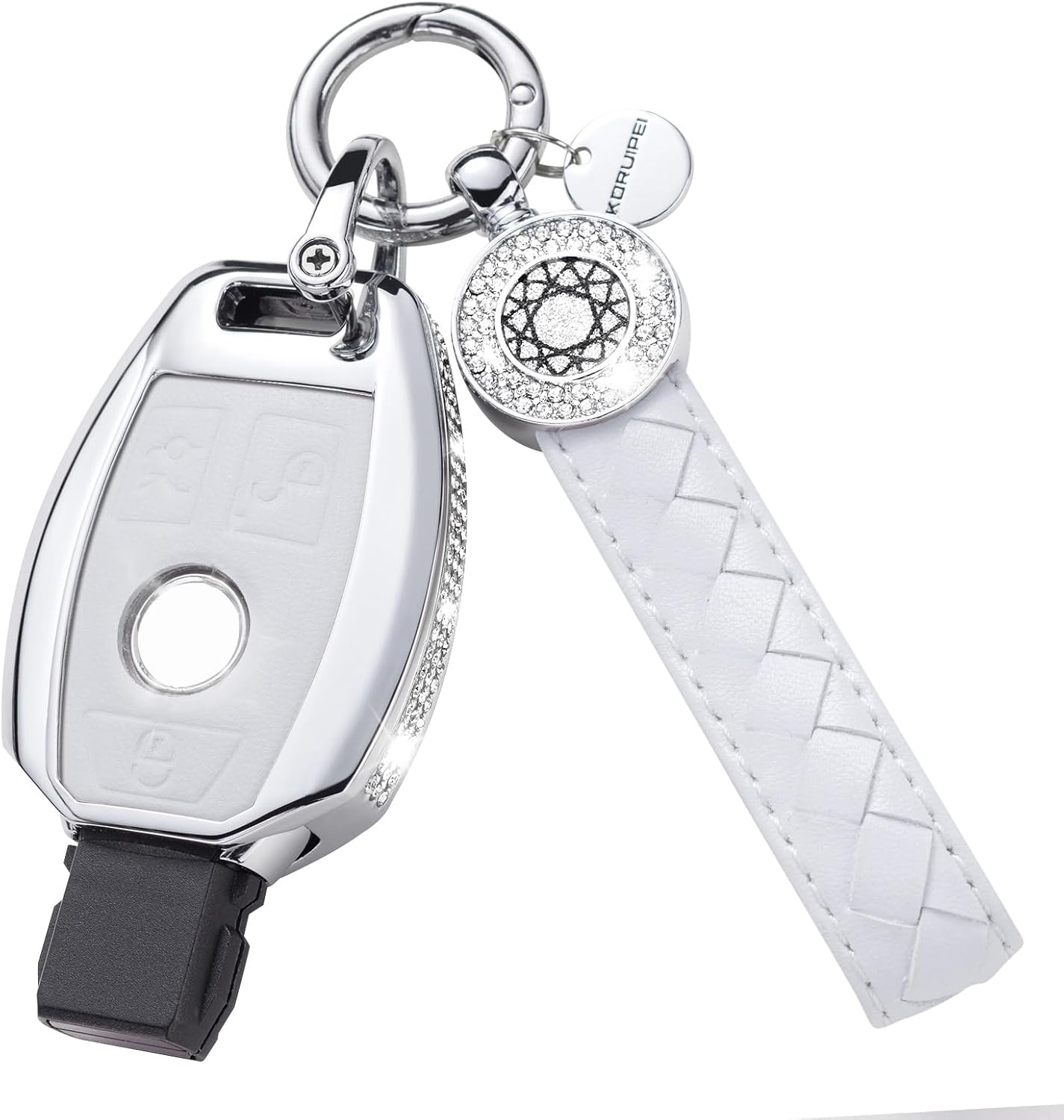 for Mercedes Benz Key fob Cover with keychain, Leather Crystal Key Case Protector Fit for Mercedes Benz A B C E G K R S Class AMG Smart Remote Key (White)