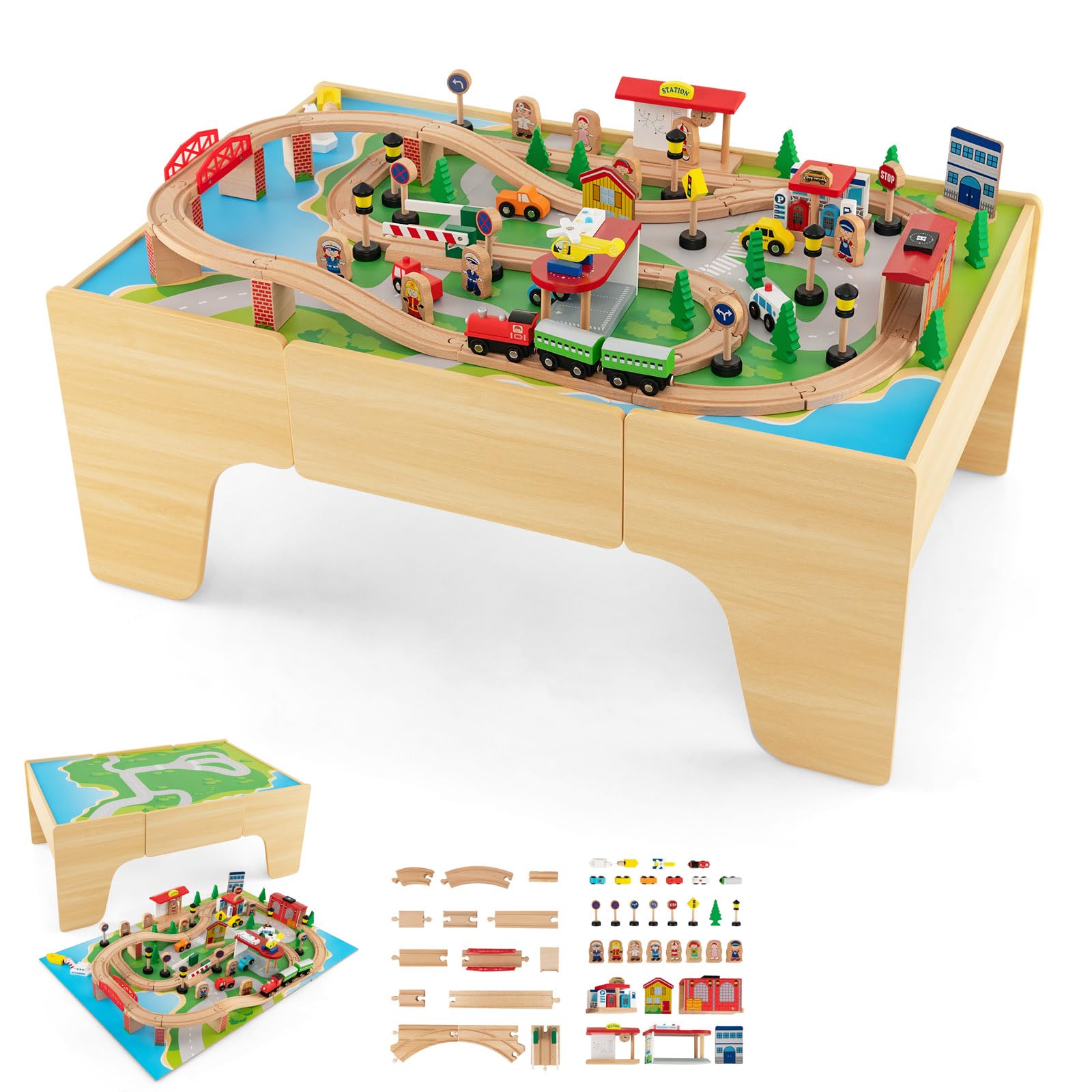 RELAX4LIFE Tavolo Attività in Legno per Bambini con Binari e Treno, da 84/80 Pezzi, Piano Reversibile e Rimovibile, Cassetto per Ragazzi e Ragazze (Naturale,84 pezzi)