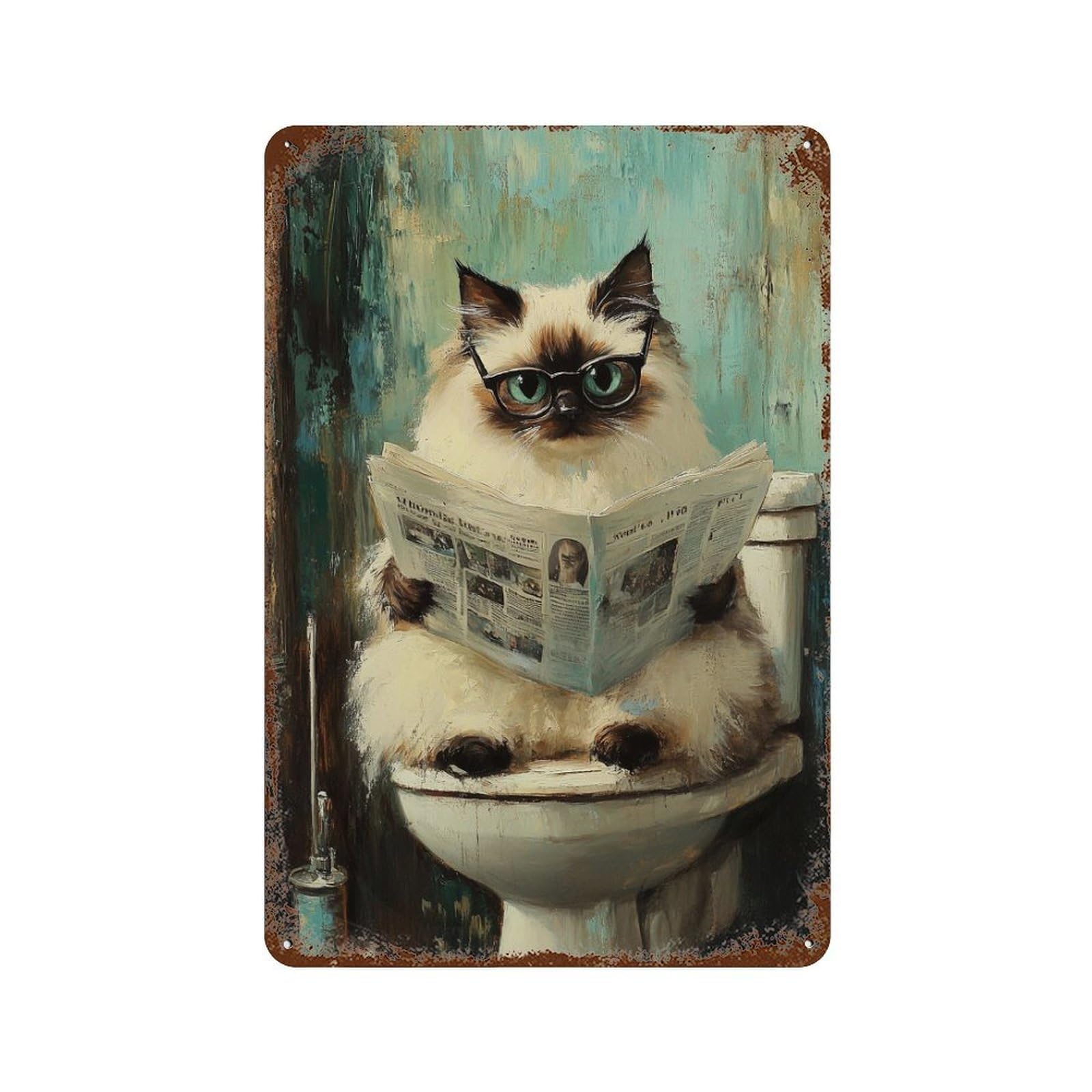 Cat Reading Newspaper on Toilet 11.8"x7.9" Weathered Tin Sign, Shabby Chic Decor for Farmhouse, Kitchen And Entryway Decor