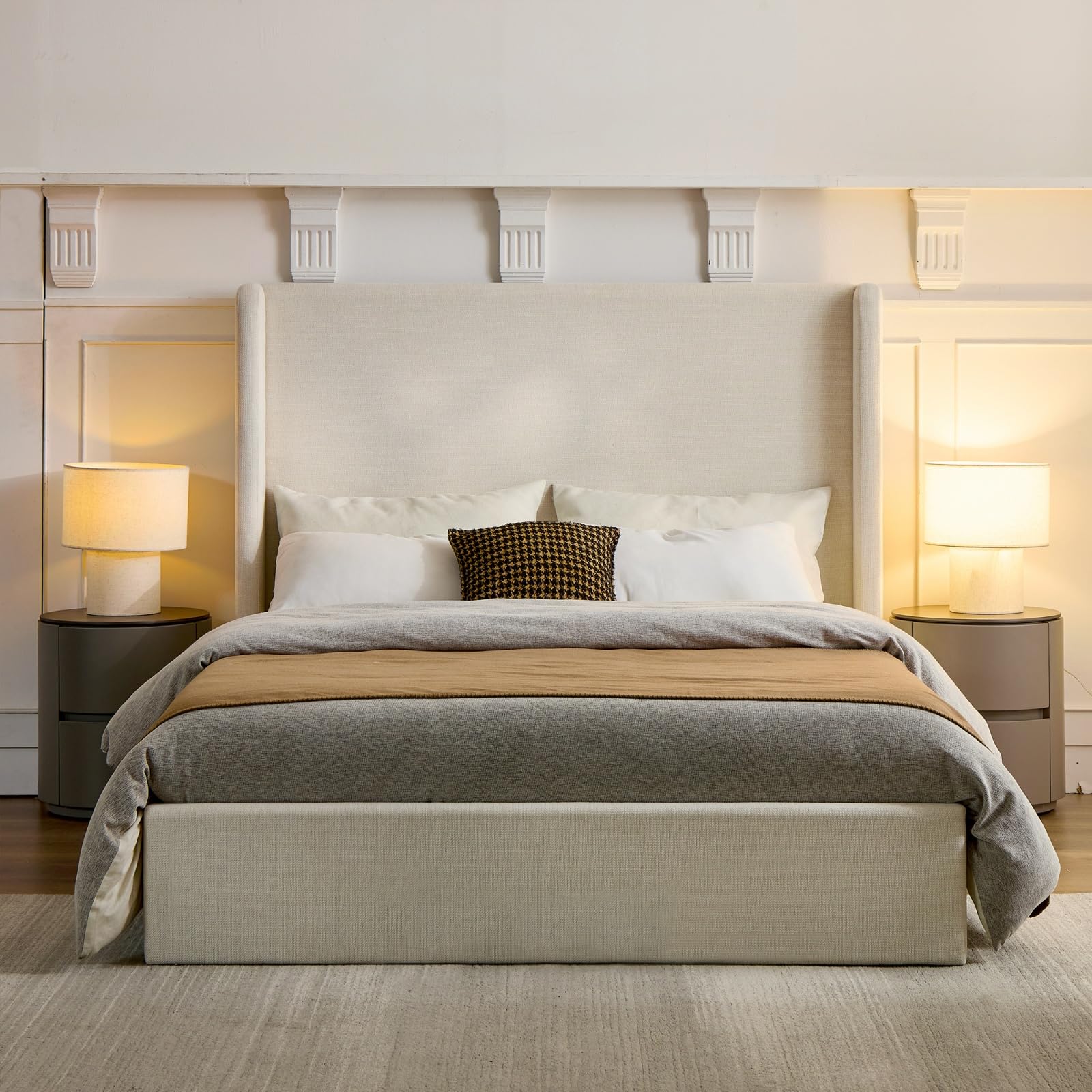 Photo 1 of ***BOX 1 OF 2 MISSING BOX#2-SELLING AS PARTS ONLY*** VOOTOLOVER King Size Upholstered Wingback Bed Frame, High Headboard Platform Bed Frame, Premium Ivory Canvas Chenille Bed Frame, No Box Spring Needed, Easy Assembly, 85.8 x 83.4 x 52.3inches