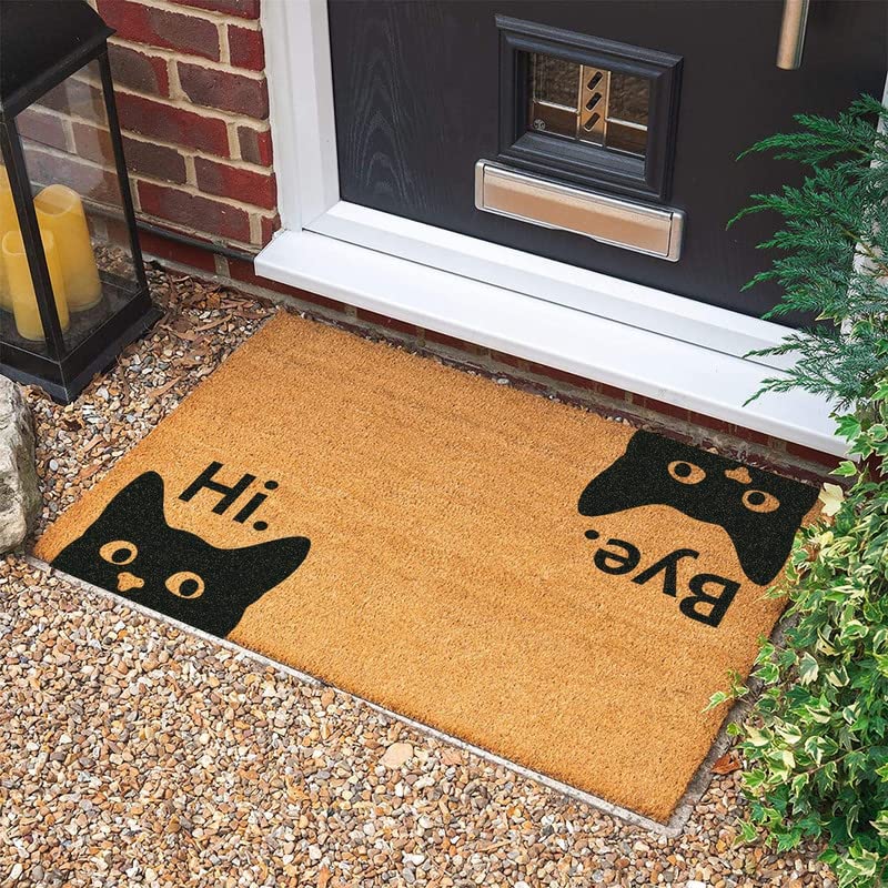 Traqunn Hi Bye Cat Doormat Housewarming Decor Gift Welcome Door Mat Polyester Floor Mat with Non Slip Rubber Carpet New Home Gift Wedding Gift 30X18 In