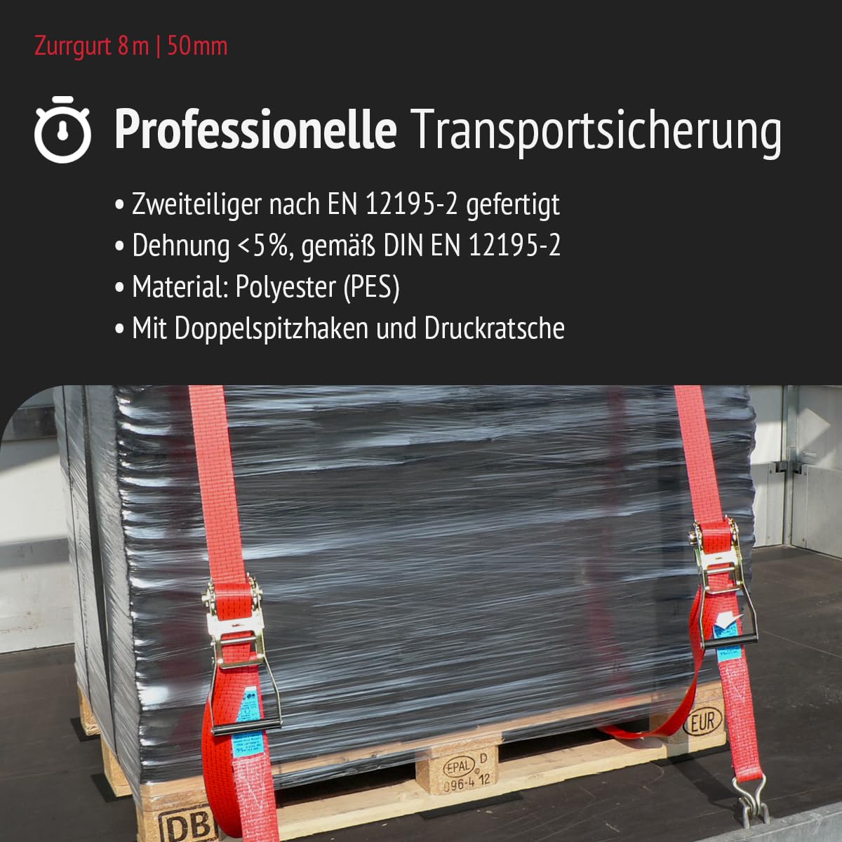 Spanngurt 50 mm | Druckratsche | Länge 8,0m | mit Doppelspitzhaken | 2er Set | STF 350 daN | Farbe rot | Zurrgurt zur Ladungssicherung | für LKW, Anhänger und Kleintransporter (4 Stück)