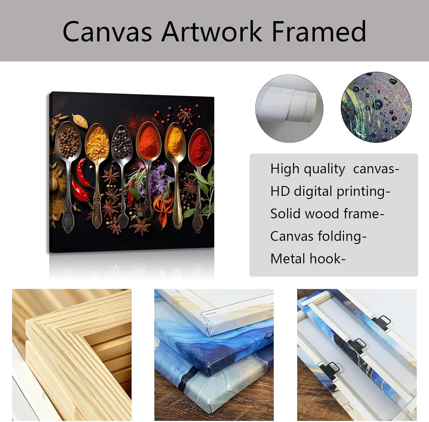 CCKOPPI Kitchen Canvas Wall Art Colorful Spice Spoon Picture Print Canvas Frame for Home Kitchen Fining Room Decor(Artwork-05, 16"x16")