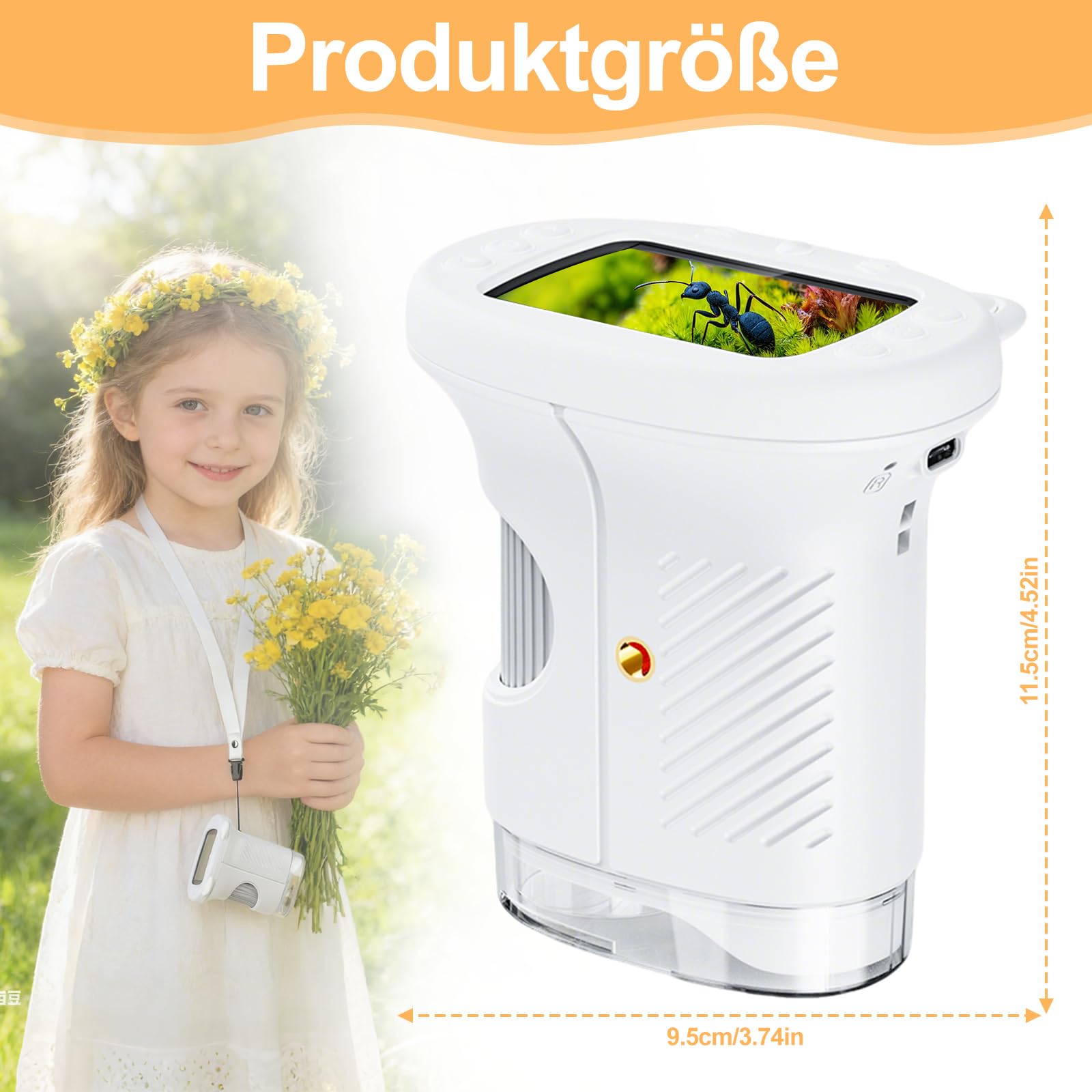 Handmikroskop für Kinder - 1080P HD 2.0" Bildschirm Mikroskop, Mini Tragbare Digitales Mikroskop mit 8 LED, 600mAh, 1000X Kindermikroskop, Hand- oder Nackenband, Microscope Experimente ab 6 Jahren