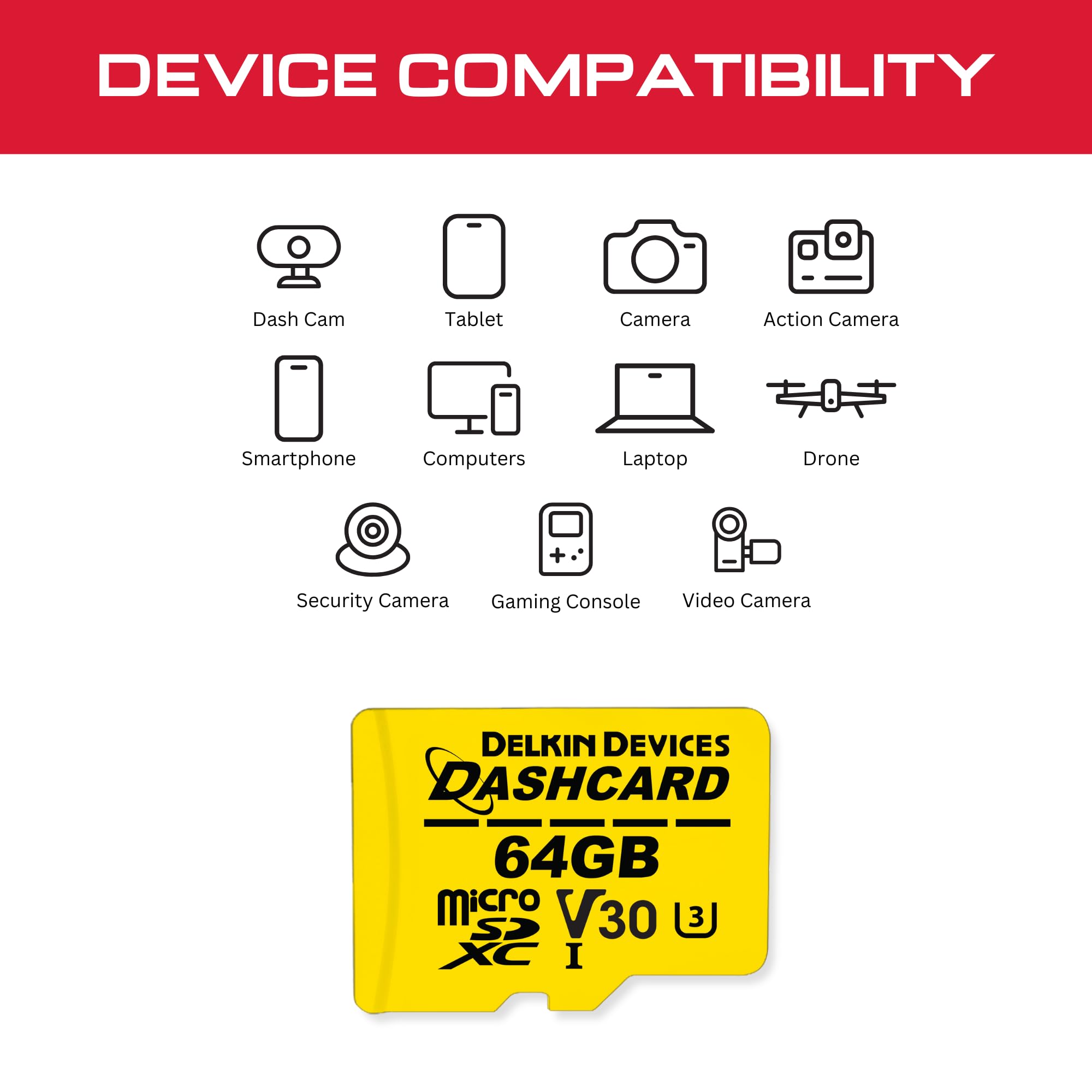 Delkin Tarjeta Micro SD de 64 GB UHS-I (U3/V30) microSDXC con adaptador | DASHCARD Tarjeta Micro SD Clase 10 de ultra alta velocidad para Dash Cam, cámara de seguridad, GoPro, cámara Wyze, cámara