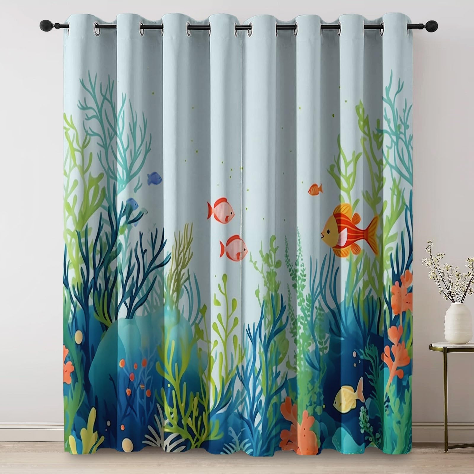100% zasłony zaciemniające 117 x 229 cm (2 panele) dno morskie, tropikalna ryba, wodorosty, niebieskie, izolacja termiczna, zasłony na przelotkach do sypialni, salonu i pokoju dziecięcego, redukcja