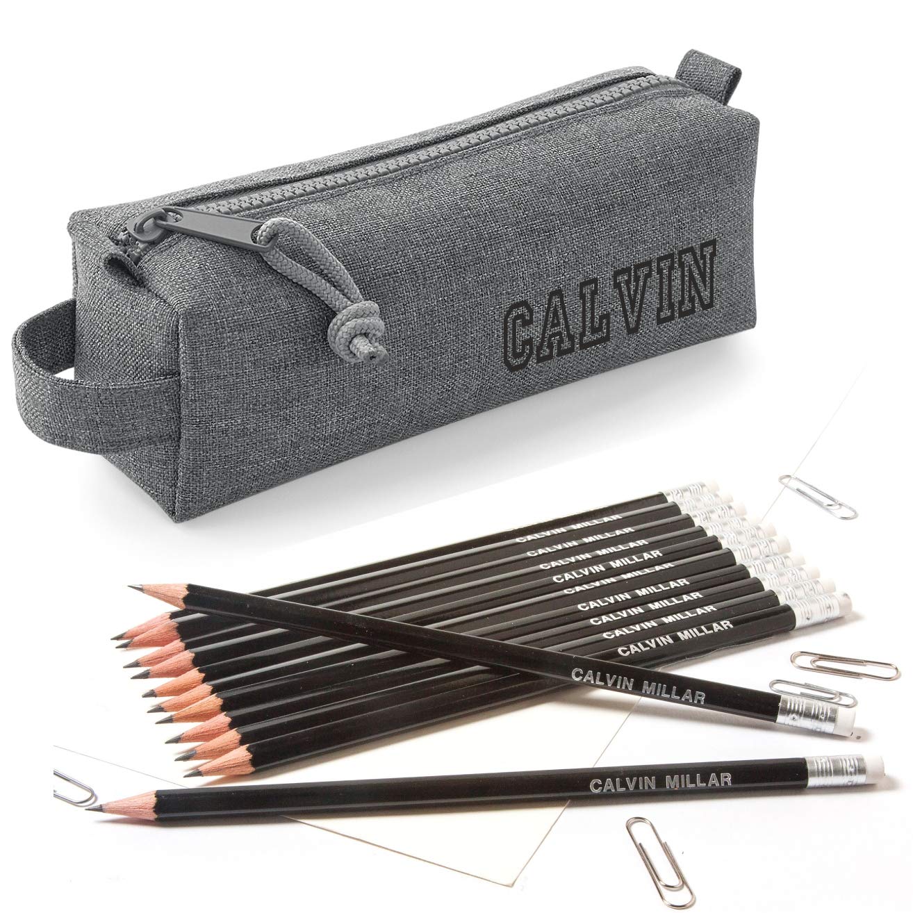 That's My Pencil Personalised Marl Grey Block Pencil Case with 12 matching HB Pencils with Erasers - Printed in UK (Grey Case with Back Pencils)