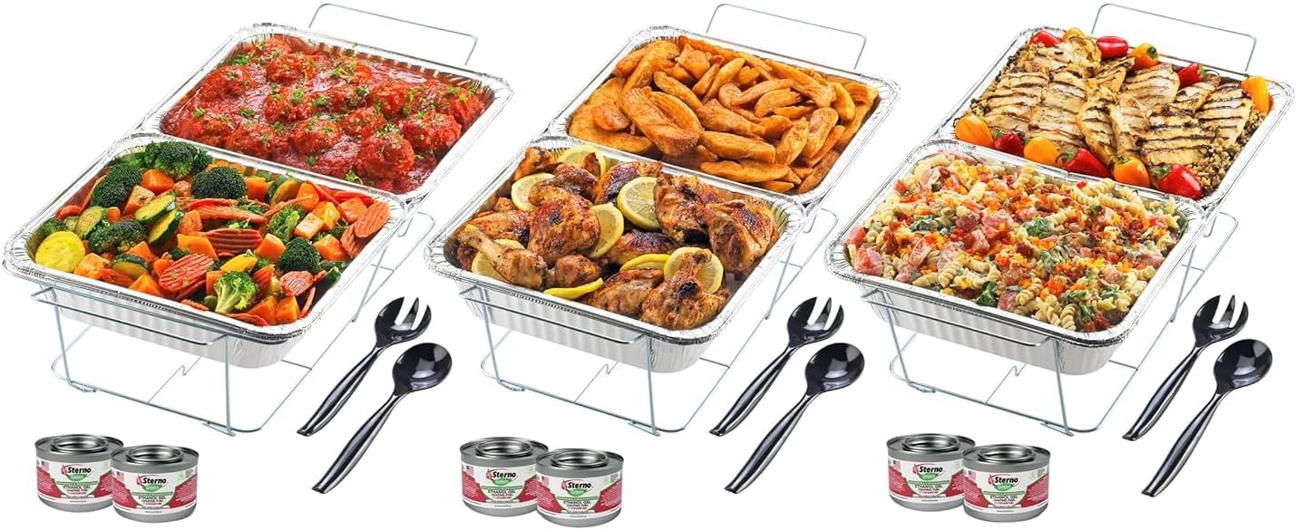Sterno Party Pack Disposable Aluminum Chafing Dish Buffet Set, Silver, 3 Pack, 24 Total Pieces