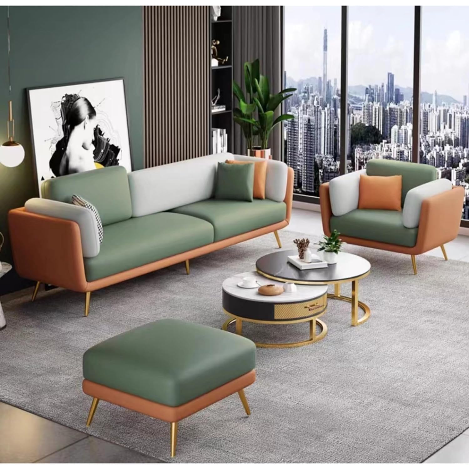 Carpanalli Premium Fabric Sofa Set for Living Room – Luxurious Upholstery, Elegant Design & Lasting Comfort for Modern Interiors (Turquise, 3+1 Sofa and 1 footrest) (Green & Brown)-image-26
