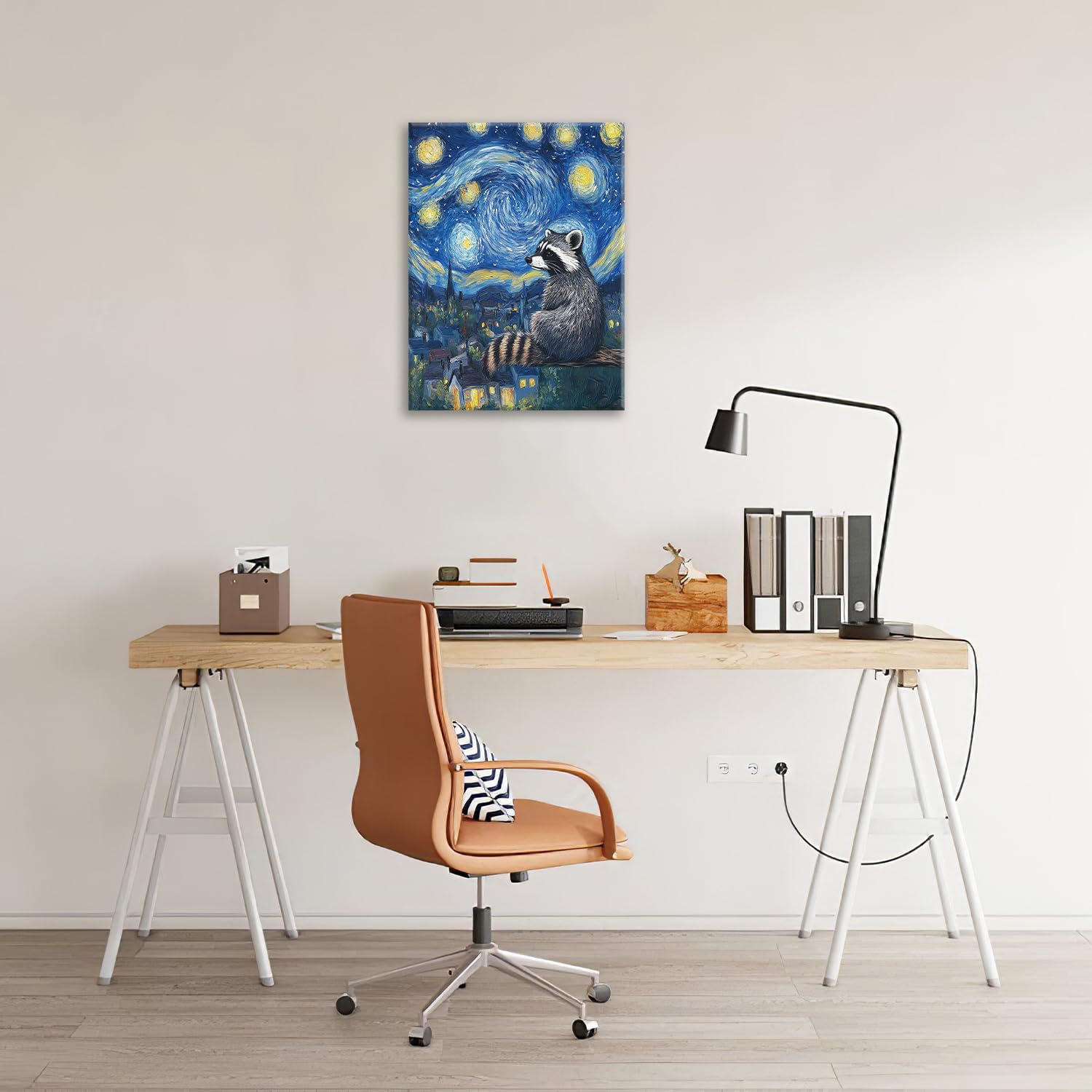 Raccoon Starry Night Canvas Wall Art Animal Pictures for Kitchen Living Room Bedroom Bathroom Office,Raccoon Abstract Print Wildlife Raccoons Painting Home Modern Art Work Framed Wall Decor 16" x 12"