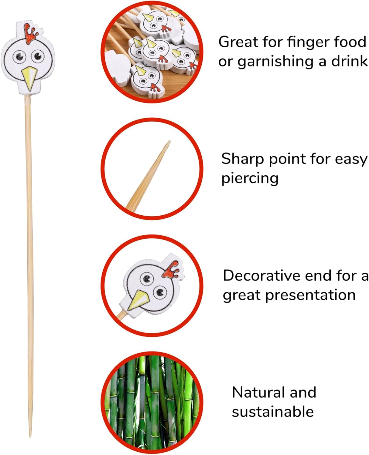 BambooMN 4.7" Decorative Farm Chicken End Bamboo Cocktail Fruit Food Picks Skewer for Catered Events, Holiday's, Restaurants or Buffets, Party Supplies, 1000 Pieces