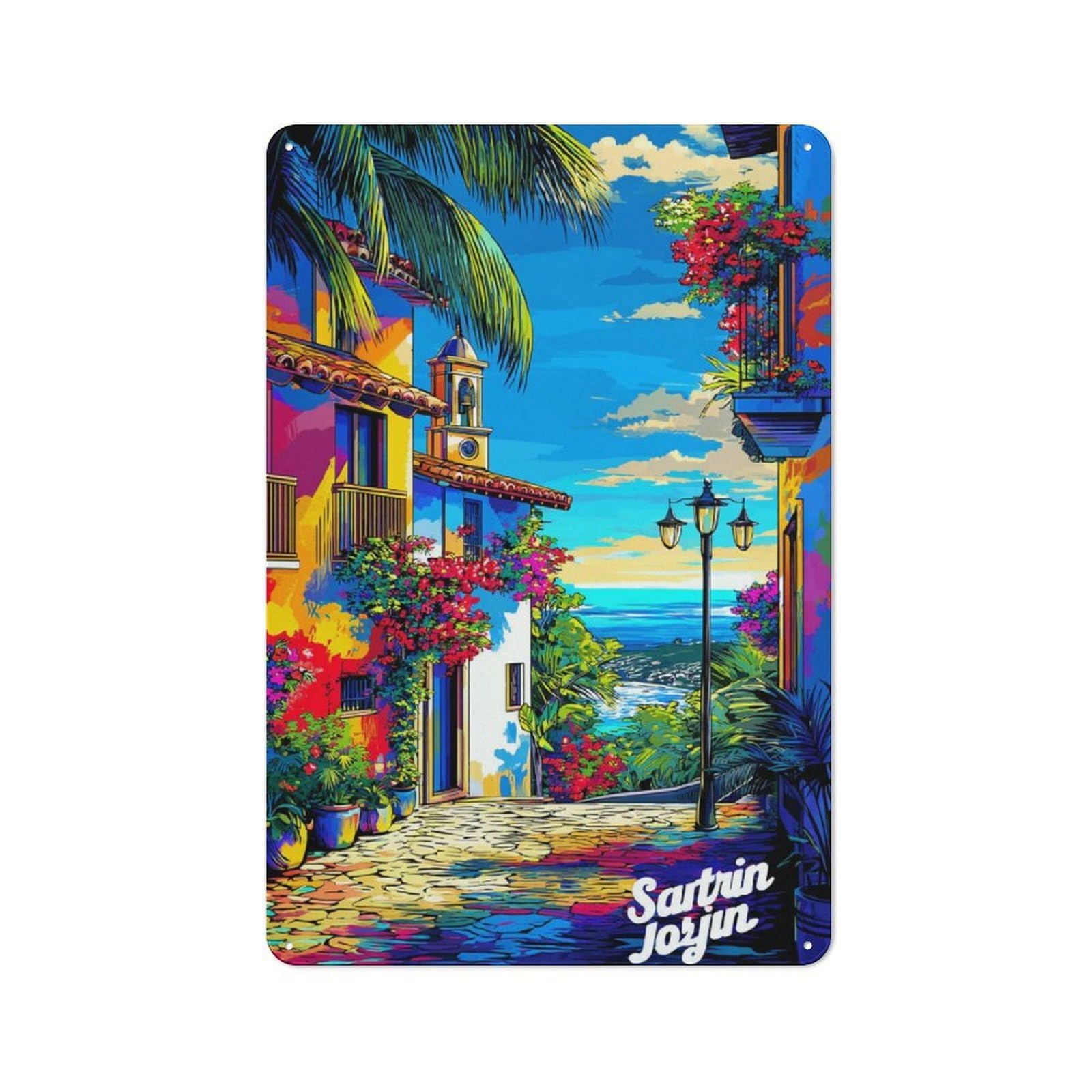 Junmoney Colorful Coastal Village Scene -2 30X20cm Vintage Tin Sign With For Hobby Room Or Studio, For Winter Interiors And Metal Sign Collectors