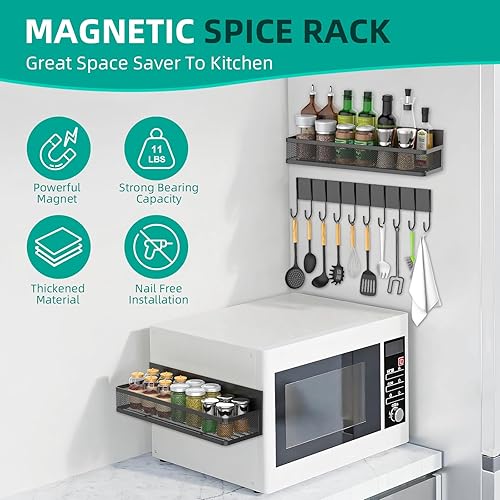 Miniatura 2 de Estante magnético para especias para refrigerador, estante magnético para especias, versión mejorada, paquete de 3 estantes magnéticos con 10